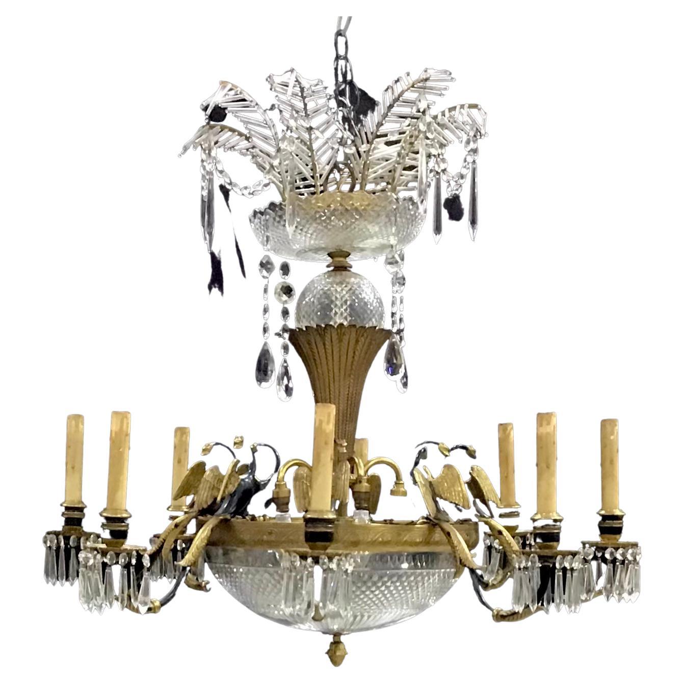 Large Antique French Empire Style 8 Arm Bronze and Crystal Chandelier For Sale