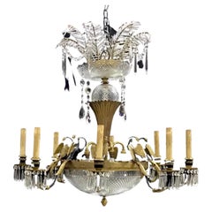 Grande lampadario antico in stile impero francese a 8 bracci in bronzo e cristallo