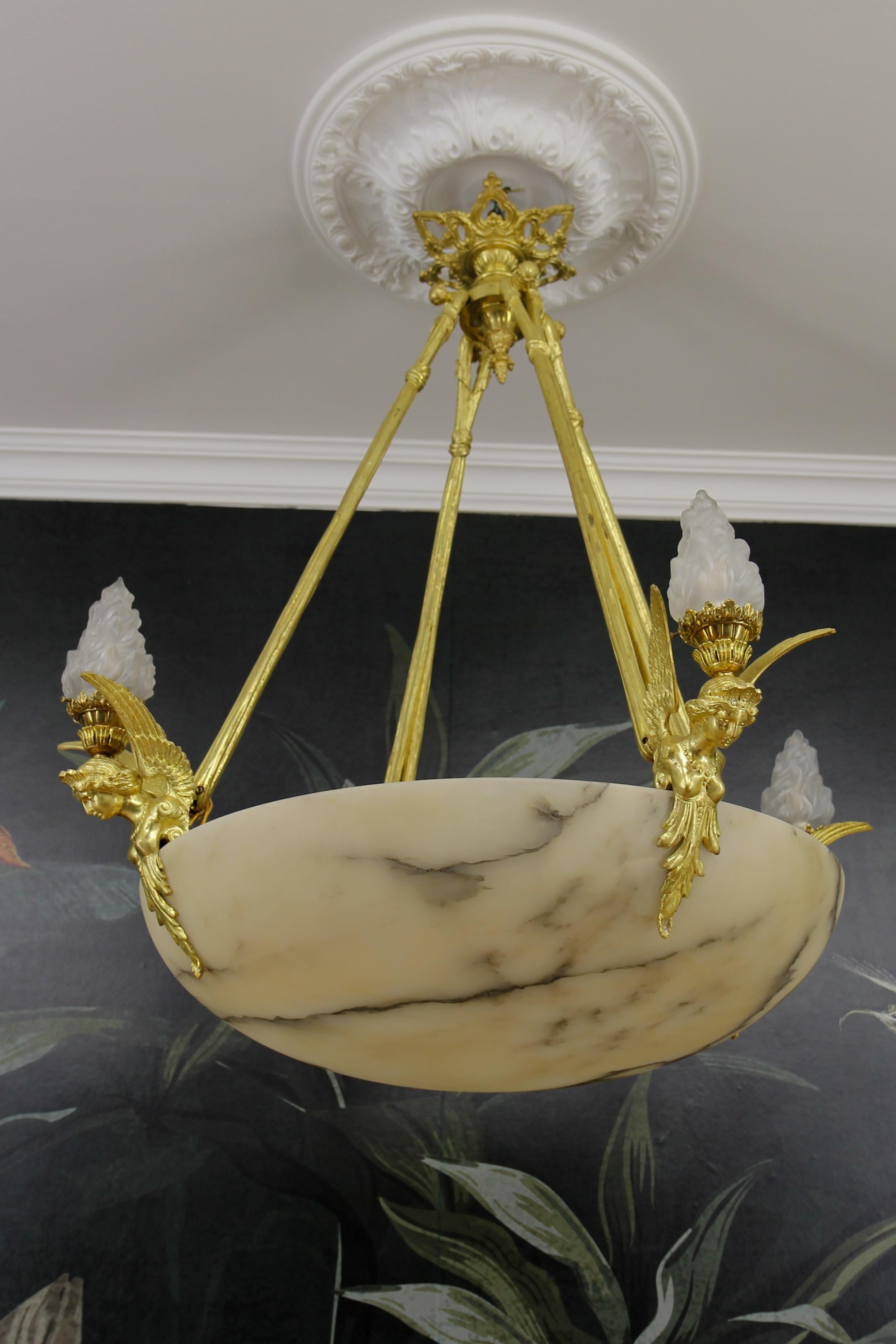 Large Antique French Empire Style Alabaster and Bronze Twelve-Light Chandelier  For Sale 11