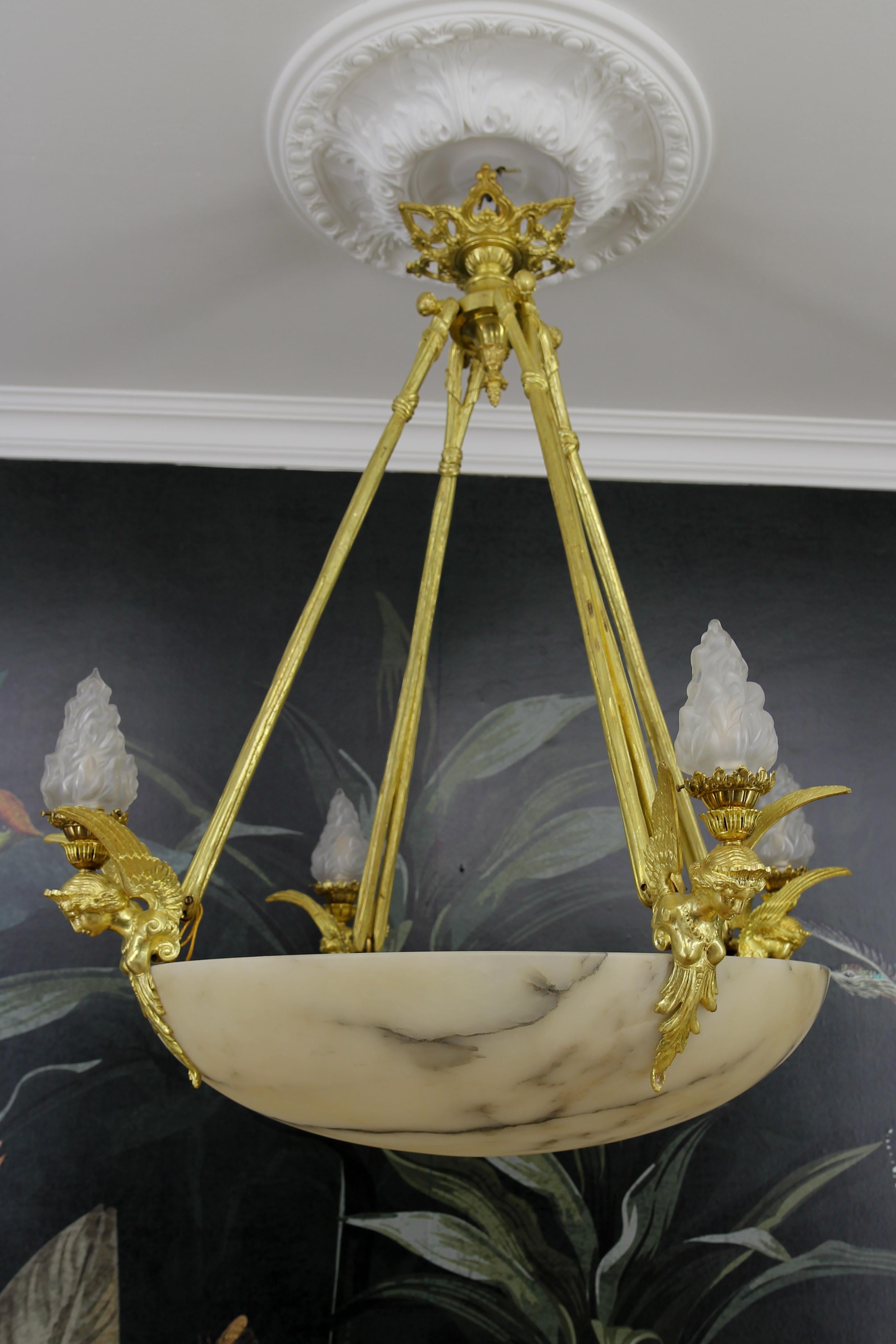 Large Antique French Empire Style Alabaster and Bronze Twelve-Light Chandelier  For Sale 12