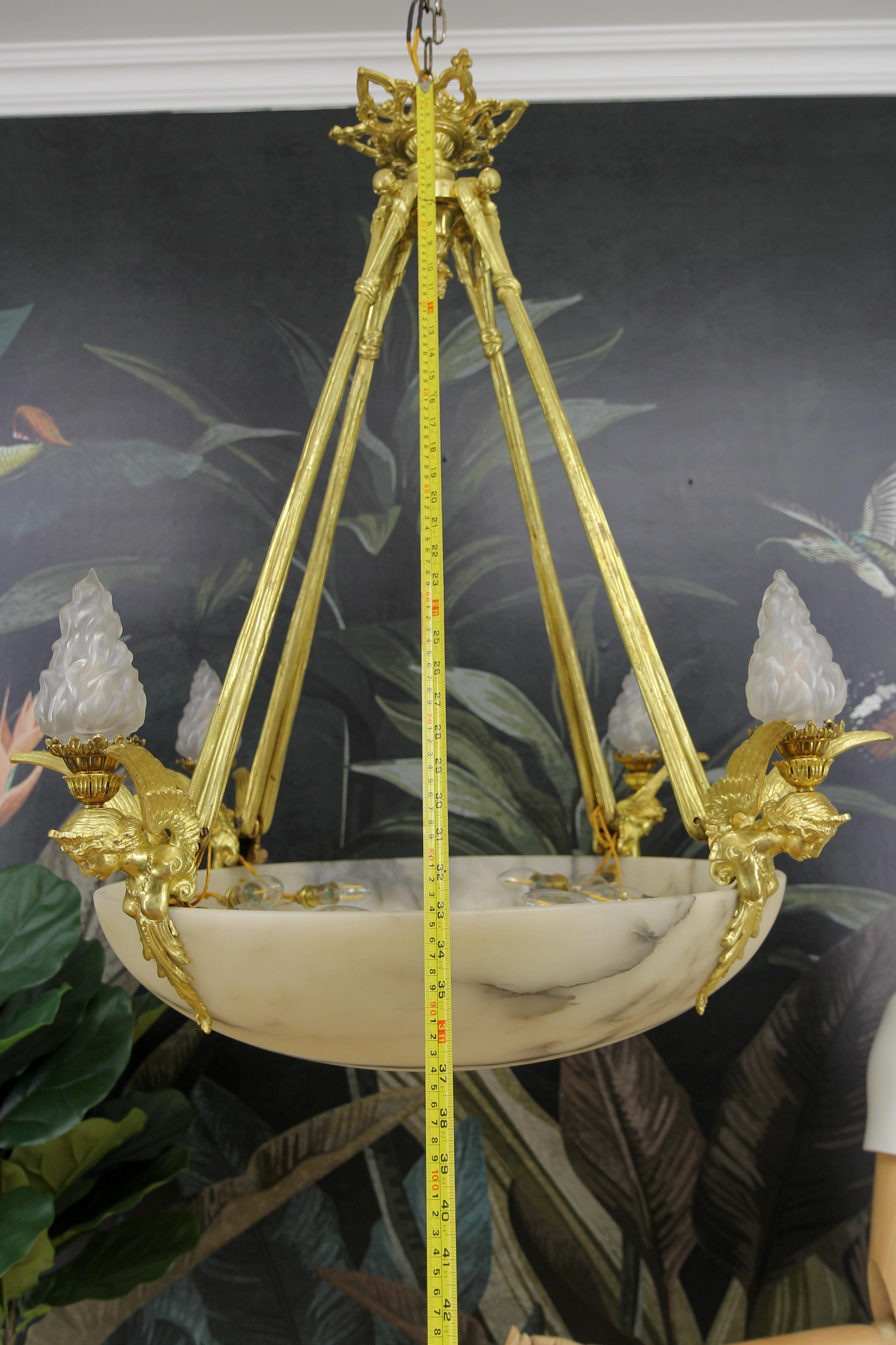 Large Antique French Empire Style Alabaster and Bronze Twelve-Light Chandelier  For Sale 13