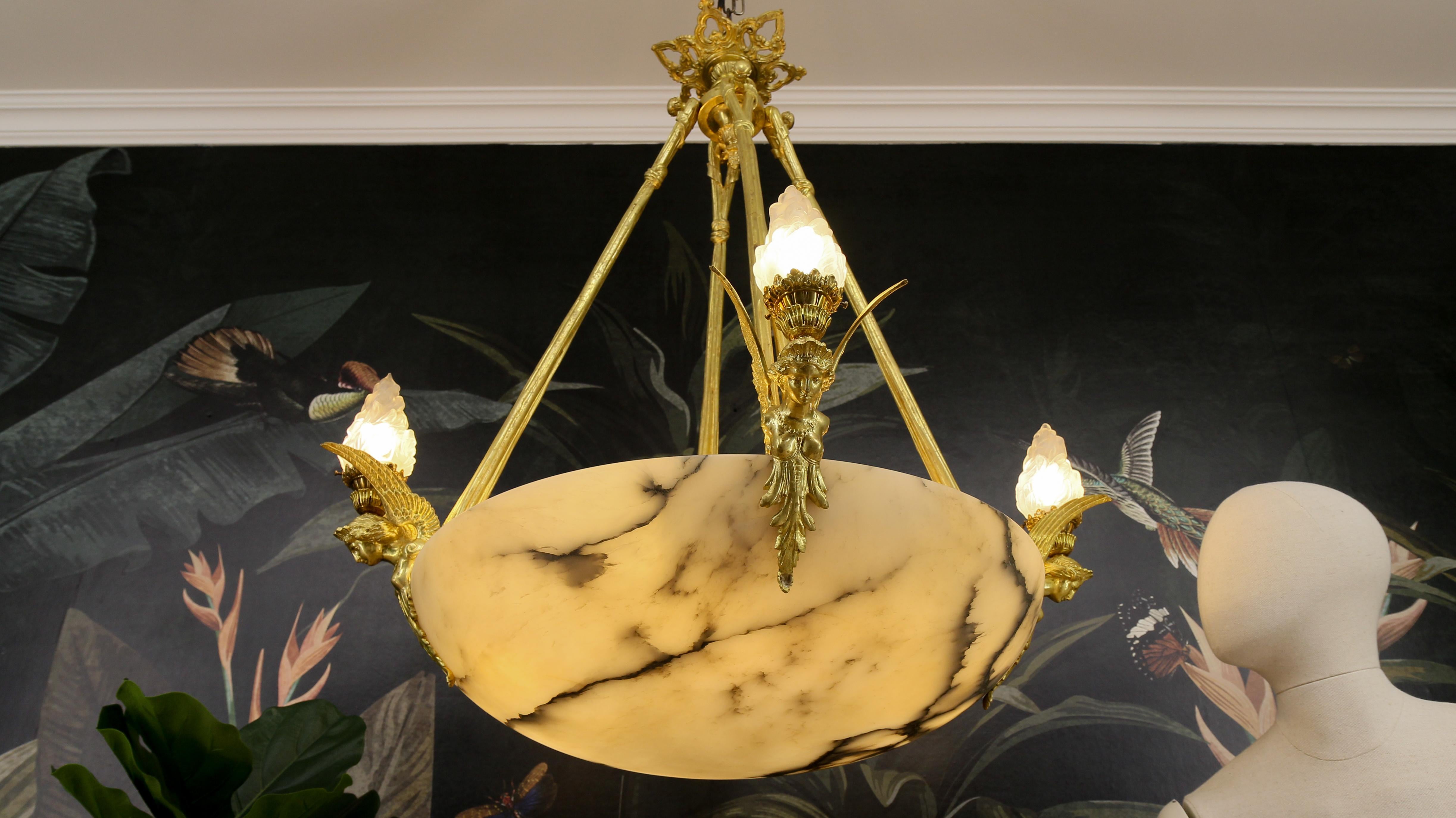 Frosted Large Antique French Empire Style Alabaster and Bronze Twelve-Light Chandelier  For Sale