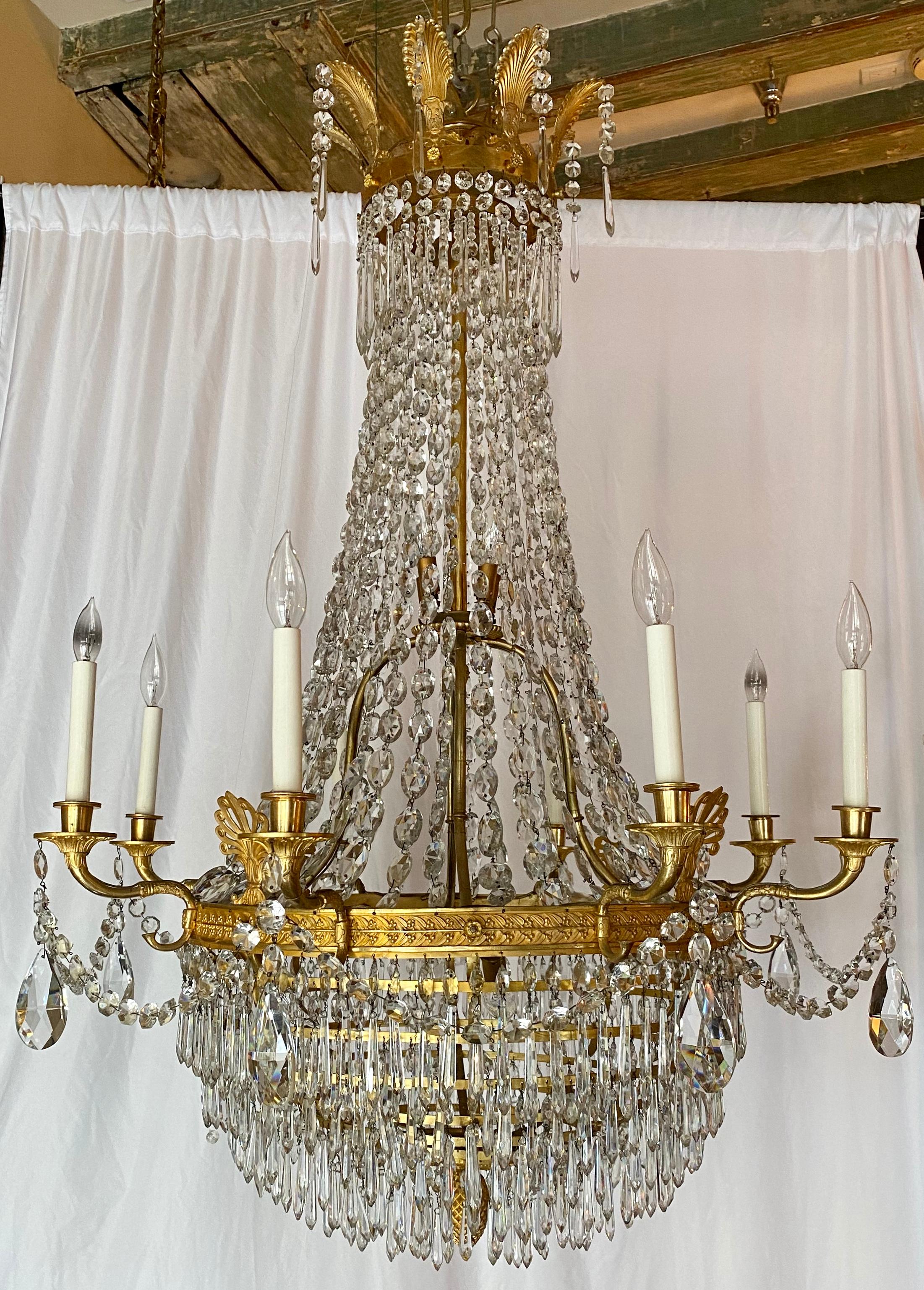 Magnificent antique French Empire fine crystal and bronze D'Ore chandelier, circa 1900.