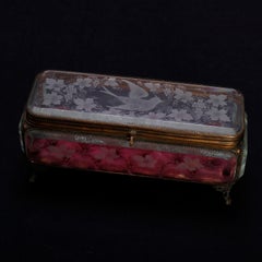 Large Antique French Etched Glass and Bronze Footed Bird and Floral Glove Box
