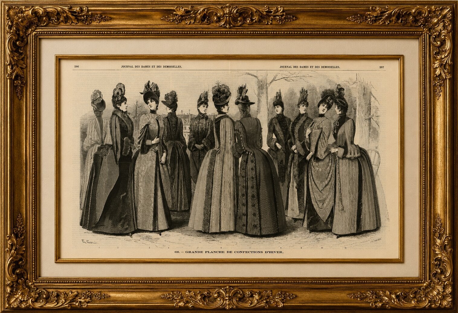 Large Antique French Fashion Plate, Winter Costumes Paris, c.1880