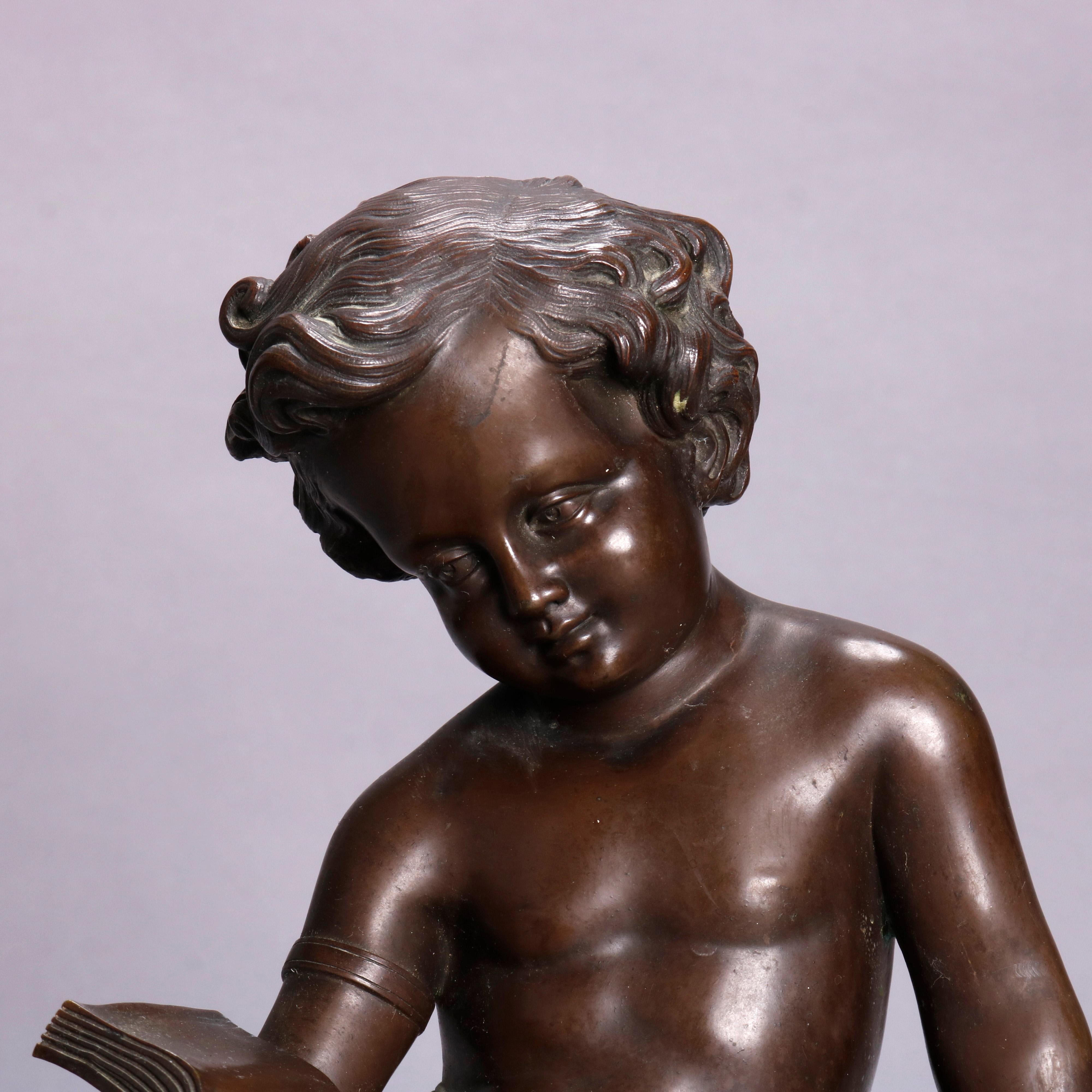 Classical Greek Large French Figural Classical Bronze Reading Cupid Sculpture, 19th Century