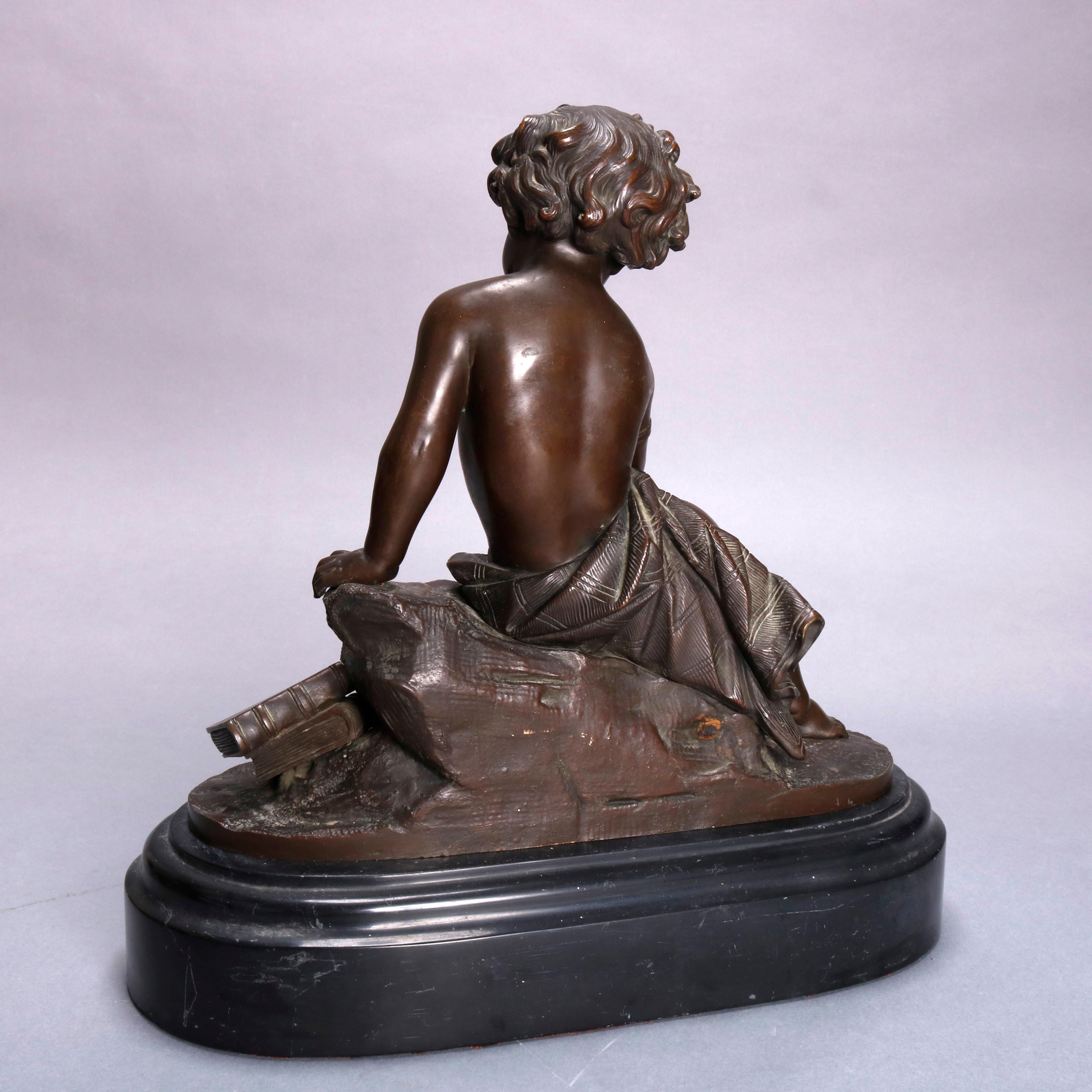 Cast Large French Figural Classical Bronze Reading Cupid Sculpture, 19th Century