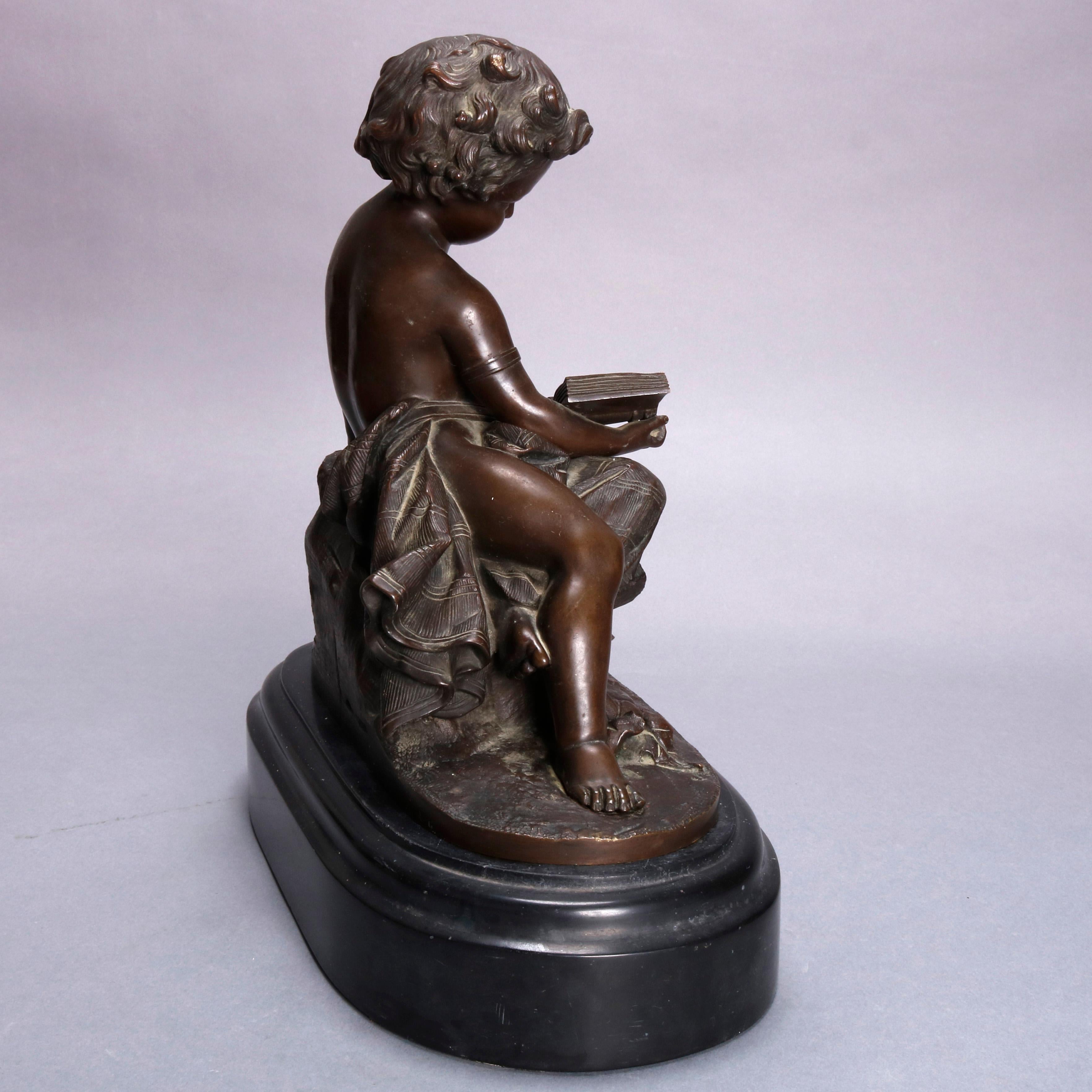 Large French Figural Classical Bronze Reading Cupid Sculpture, 19th Century In Good Condition In Big Flats, NY