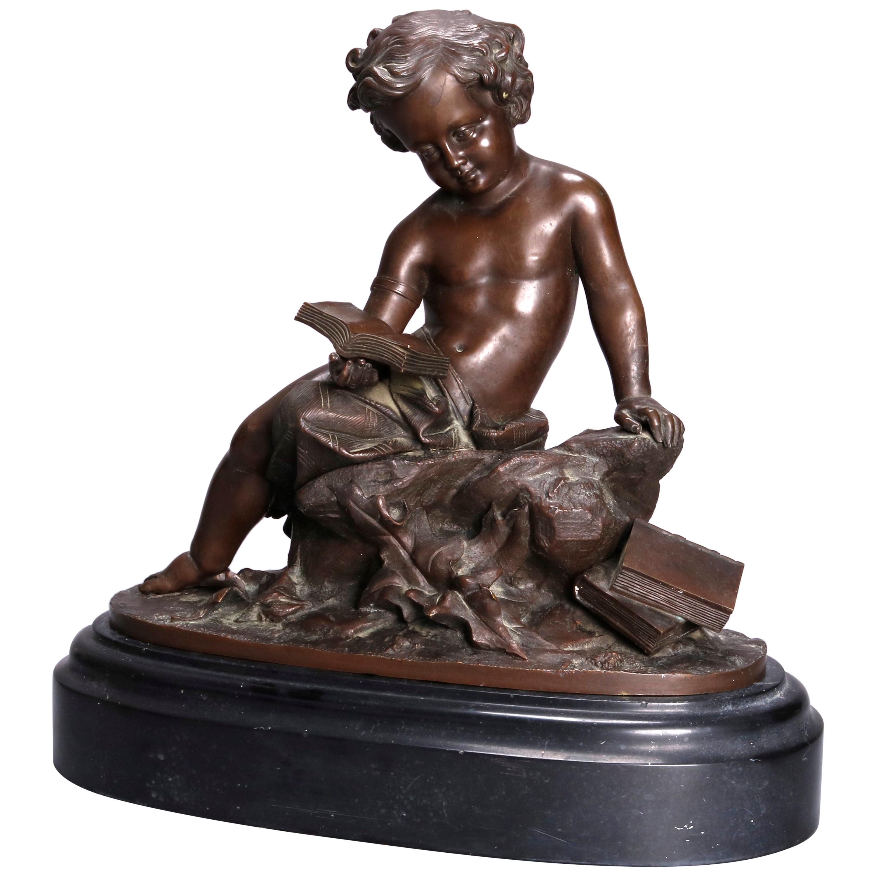 Large French Figural Classical Bronze Reading Cupid Sculpture, 19th Century