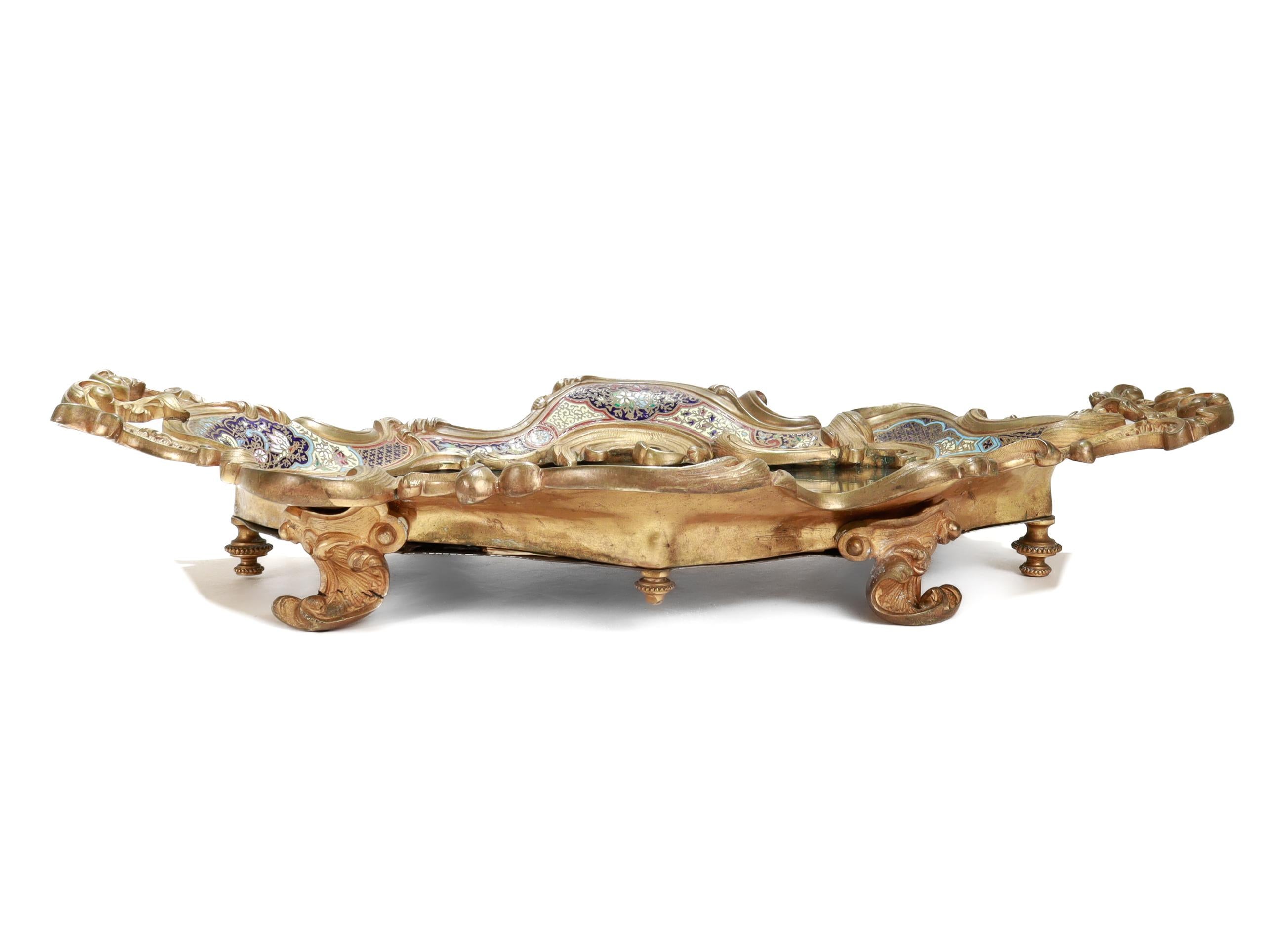 Große antike französische vergoldete Bronze & Champlevé-Emaille gespiegelt Plateau oder Tablett im Angebot 6