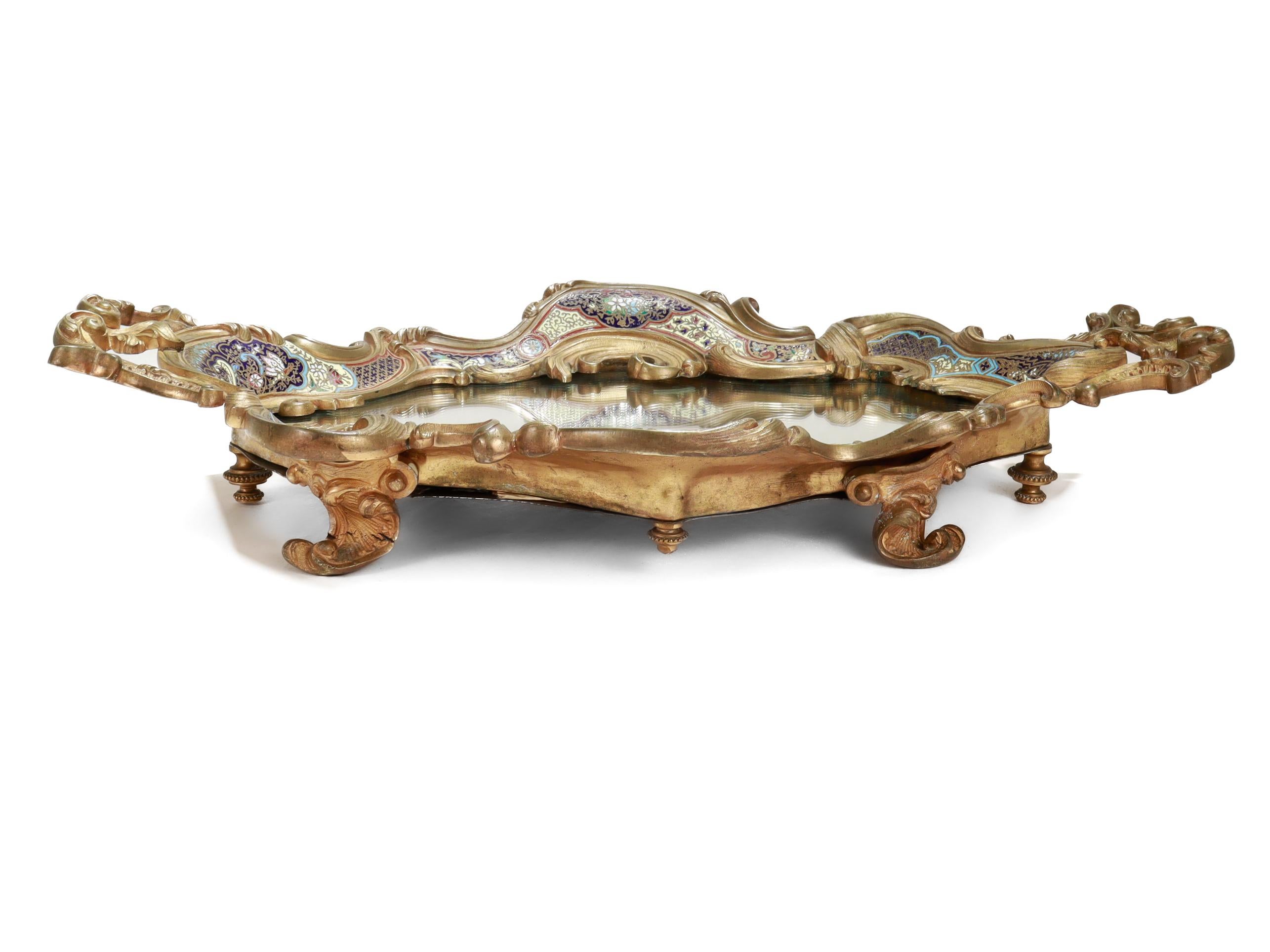 Große antike französische vergoldete Bronze & Champlevé-Emaille gespiegelt Plateau oder Tablett im Angebot 7