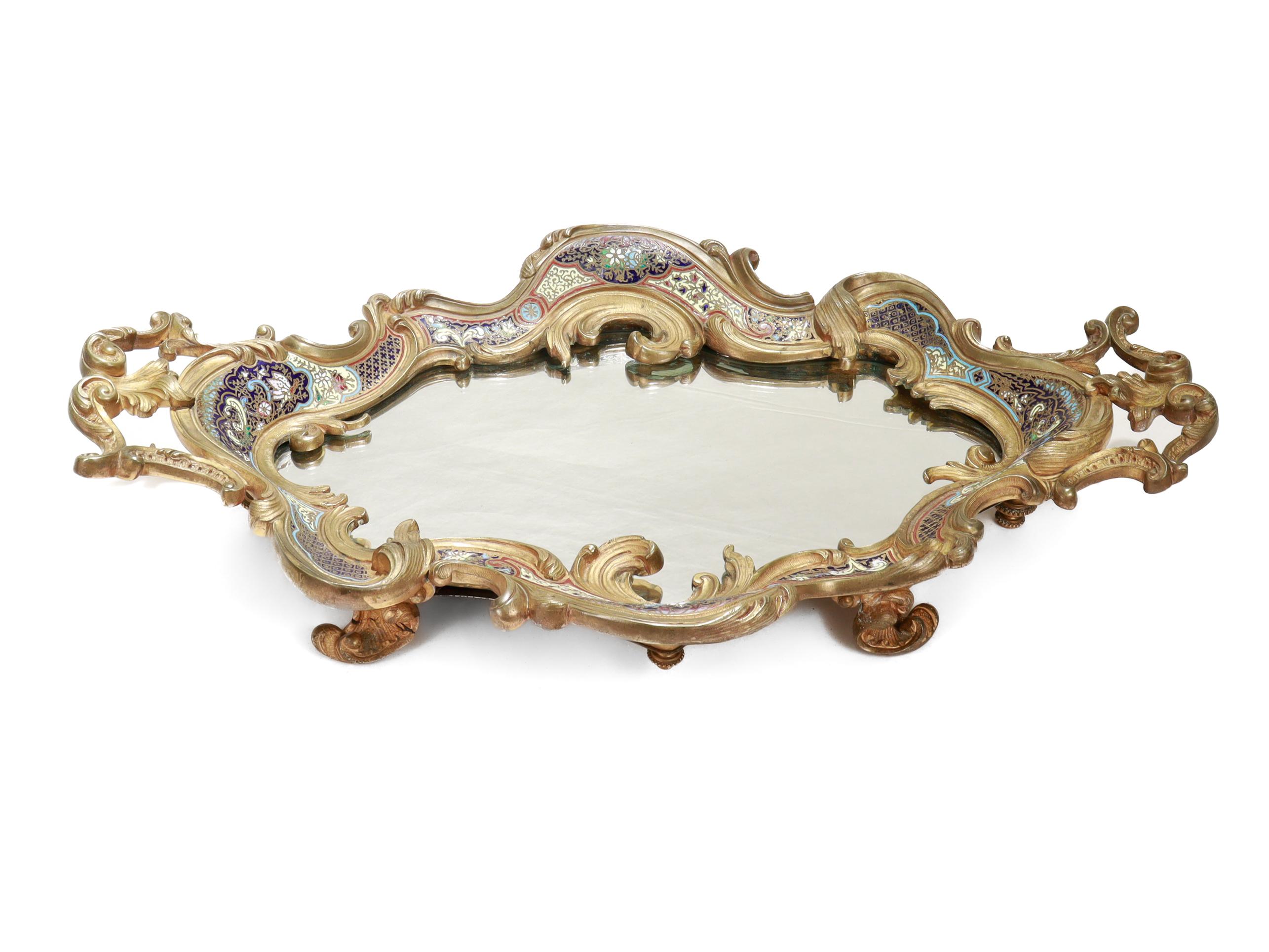 Große antike französische vergoldete Bronze & Champlevé-Emaille gespiegelt Plateau oder Tablett im Angebot 8