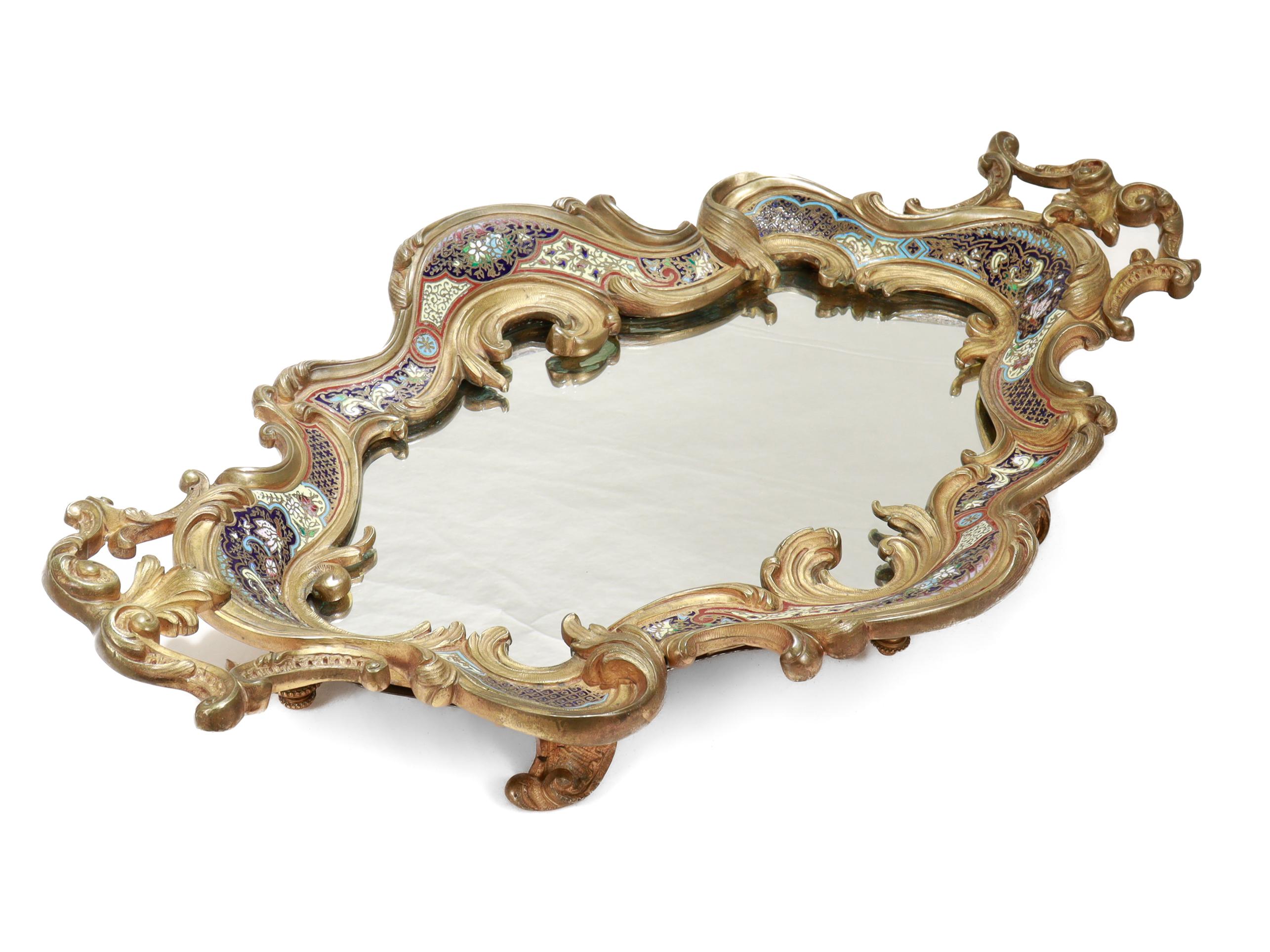 Große antike französische vergoldete Bronze & Champlevé-Emaille gespiegelt Plateau oder Tablett im Angebot 9
