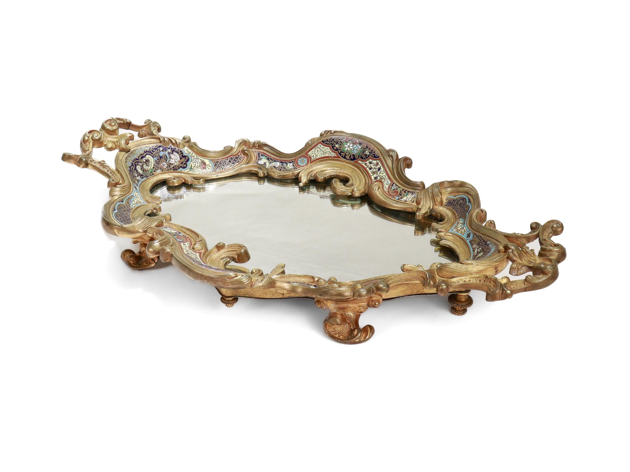 Große antike französische vergoldete Bronze & Champlevé-Emaille gespiegelt Plateau oder Tablett (Belle Époque) im Angebot