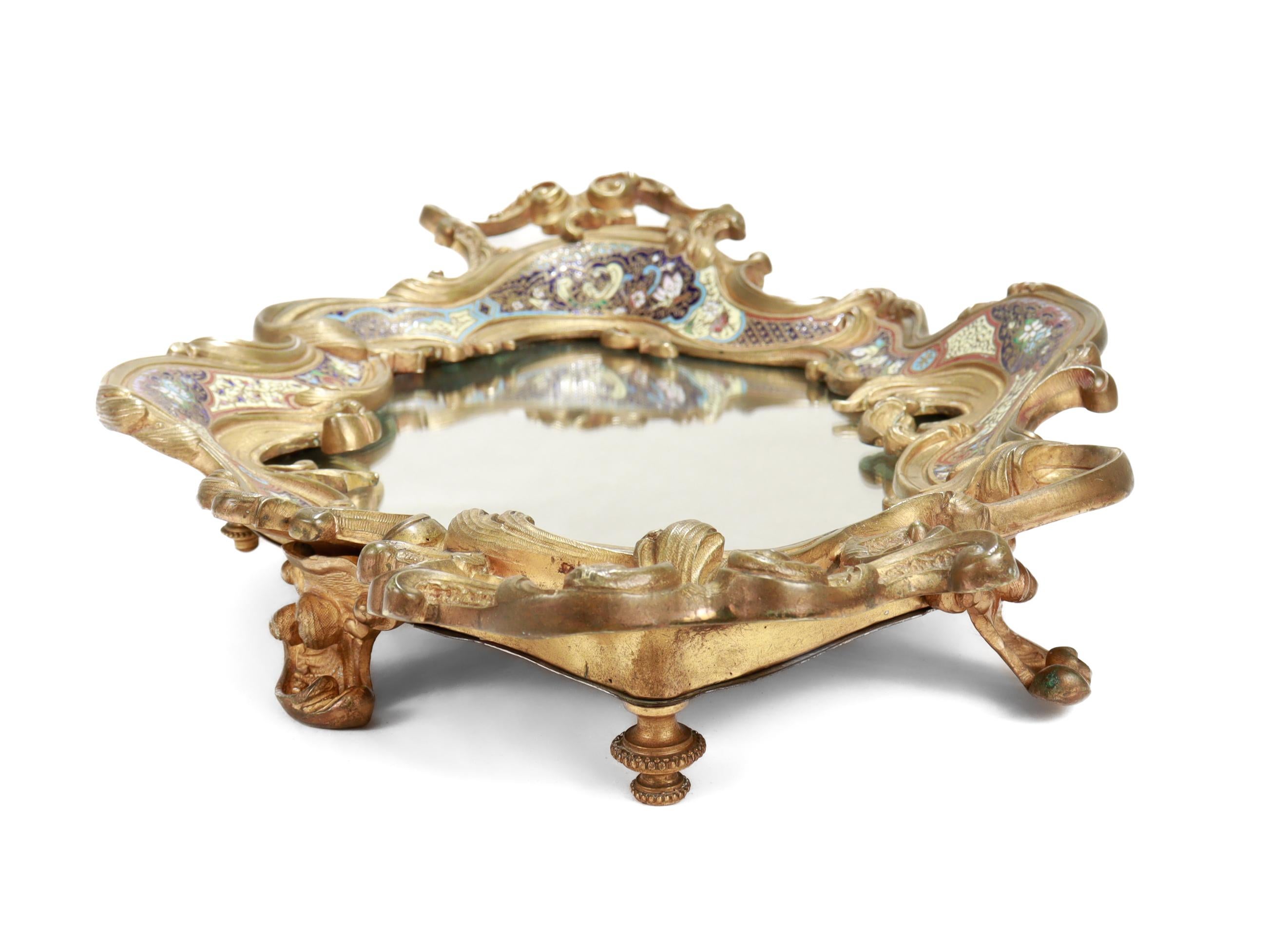 Große antike französische vergoldete Bronze & Champlevé-Emaille gespiegelt Plateau oder Tablett im Angebot 1