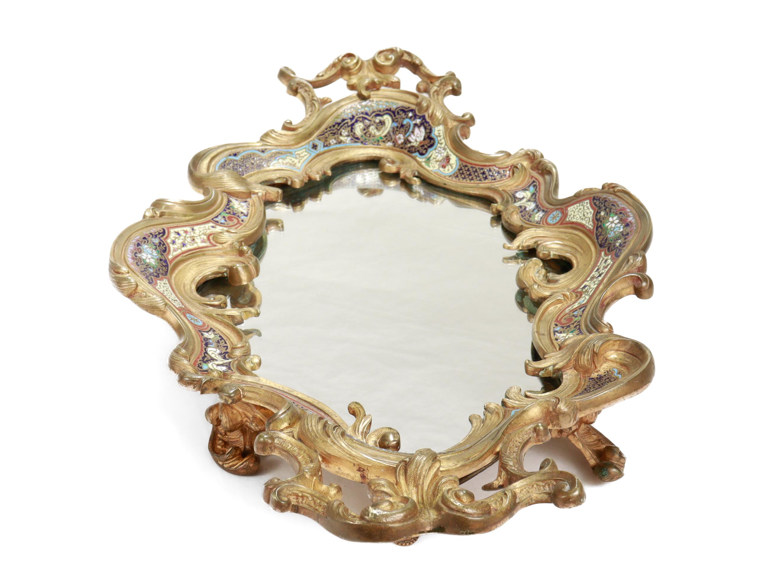 Große antike französische vergoldete Bronze & Champlevé-Emaille gespiegelt Plateau oder Tablett im Angebot 2