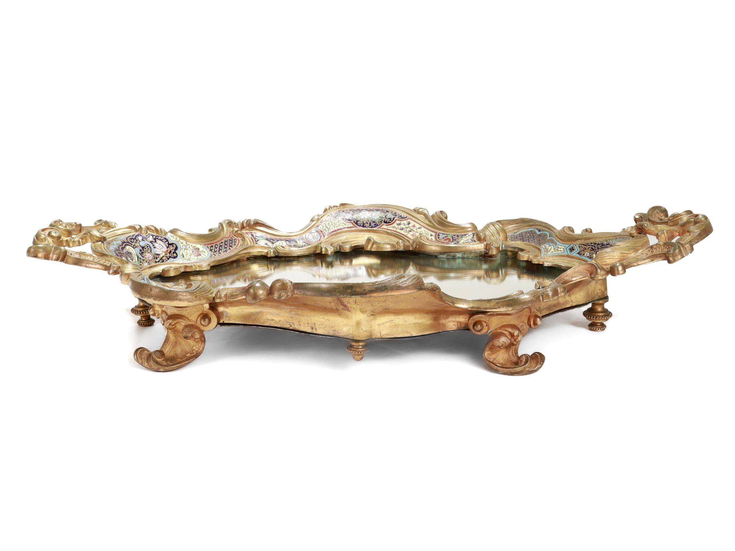 Große antike französische vergoldete Bronze & Champlevé-Emaille gespiegelt Plateau oder Tablett im Angebot 3