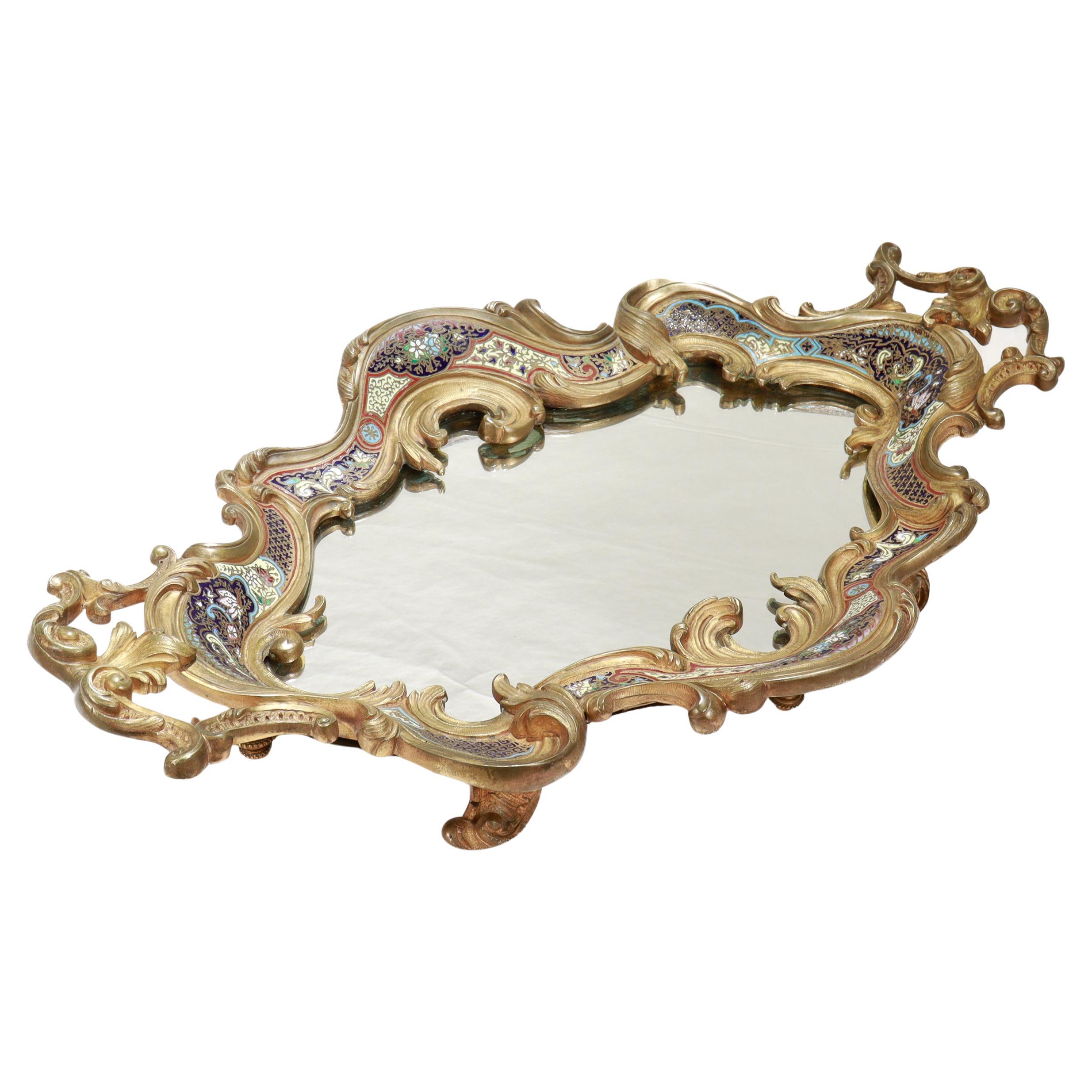 Large Antique French Gilt Bronze & Champlevé Enamel Mirrored Plateau or Tray