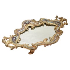 Large Antique French Gilt Bronze & Champlevé Enamel Mirrored Plateau or Tray