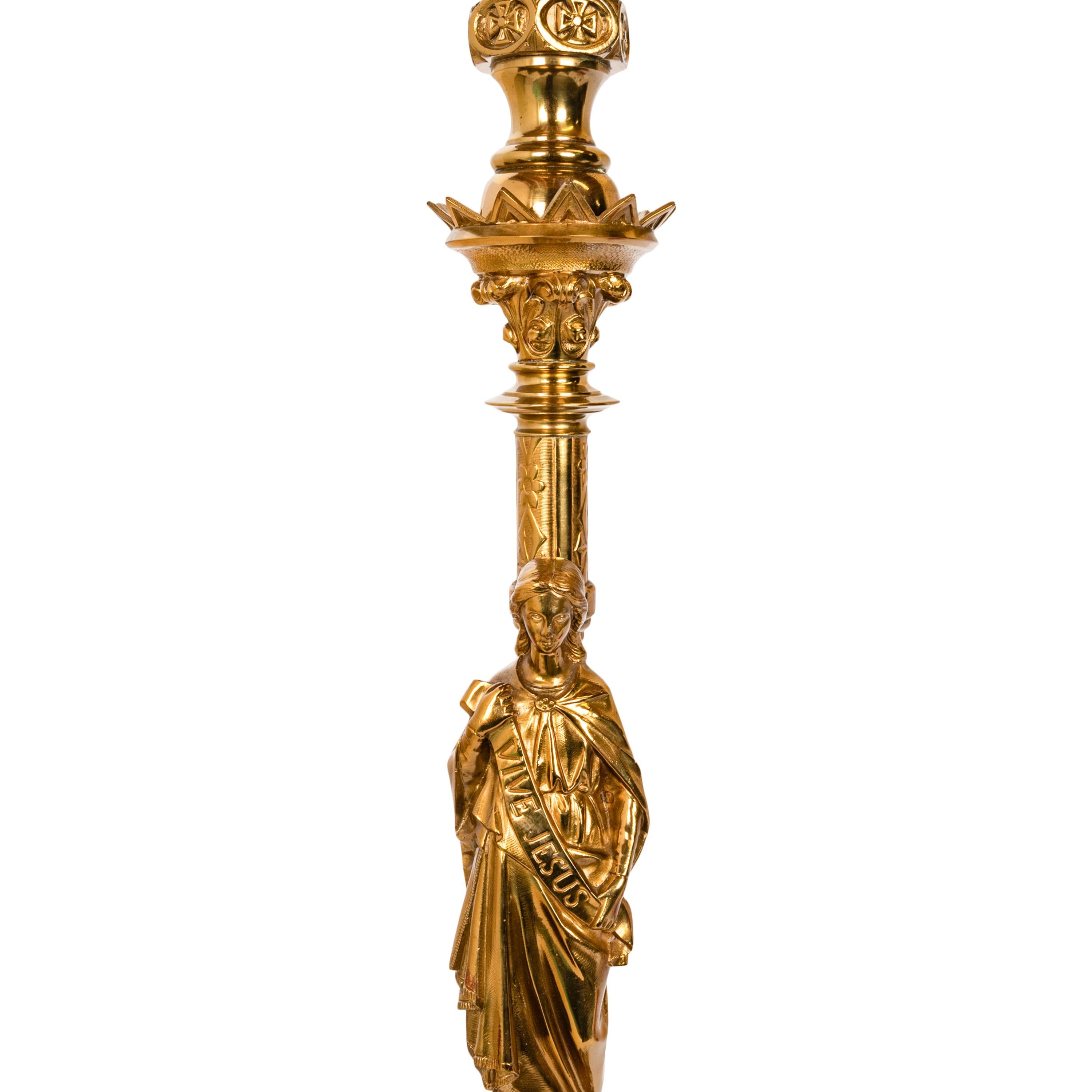 Large Antique French Gilt Bronze Gothic Altar Jesus Statue Griffin Candlestick For Sale 4