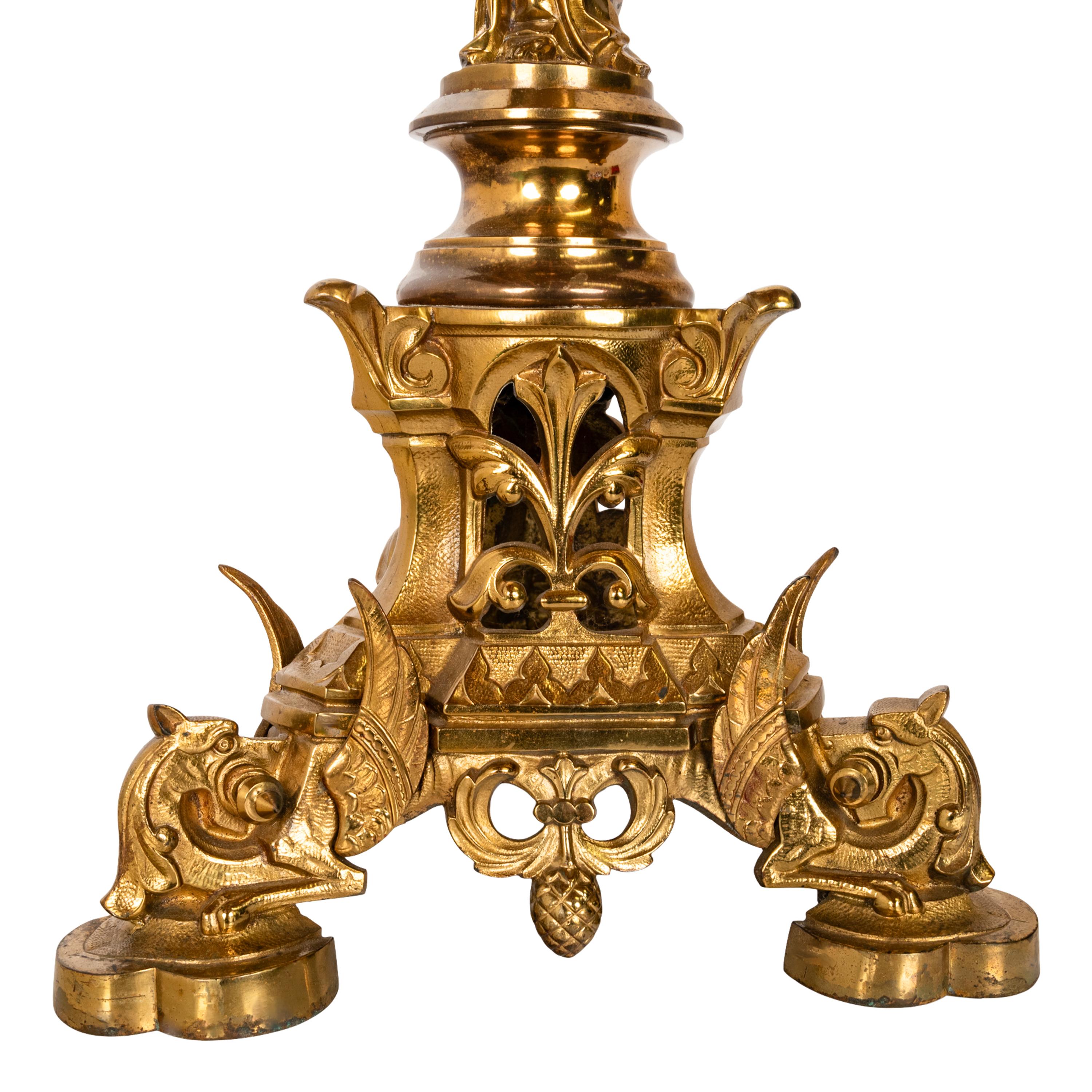Large Antique French Gilt Bronze Gothic Altar Jesus Statue Griffin Candlestick For Sale 5