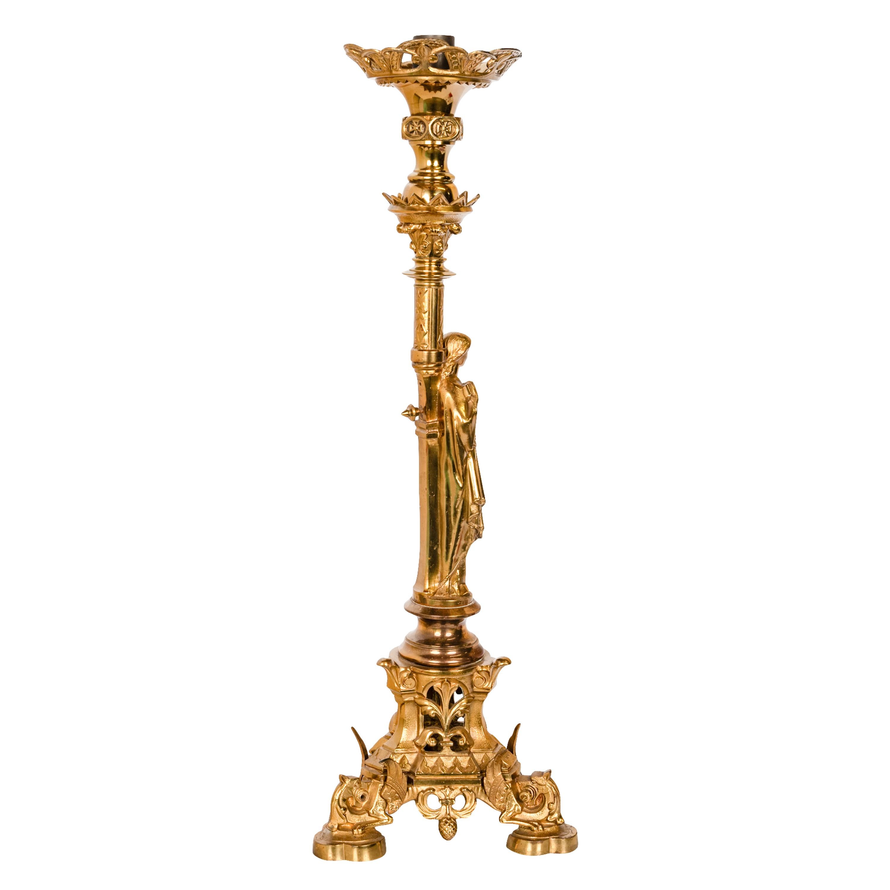 Gothic Revival Large Antique French Gilt Bronze Gothic Altar Jesus Statue Griffin Candlestick For Sale