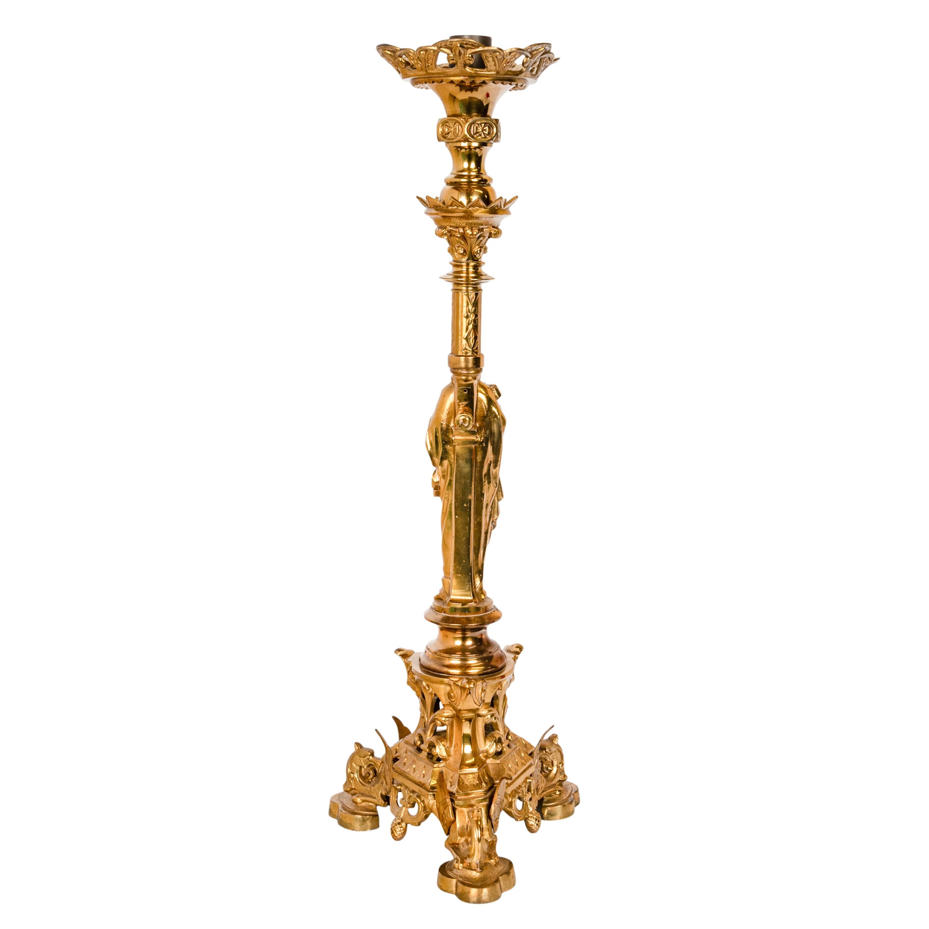 Cast Large Antique French Gilt Bronze Gothic Altar Jesus Statue Griffin Candlestick For Sale