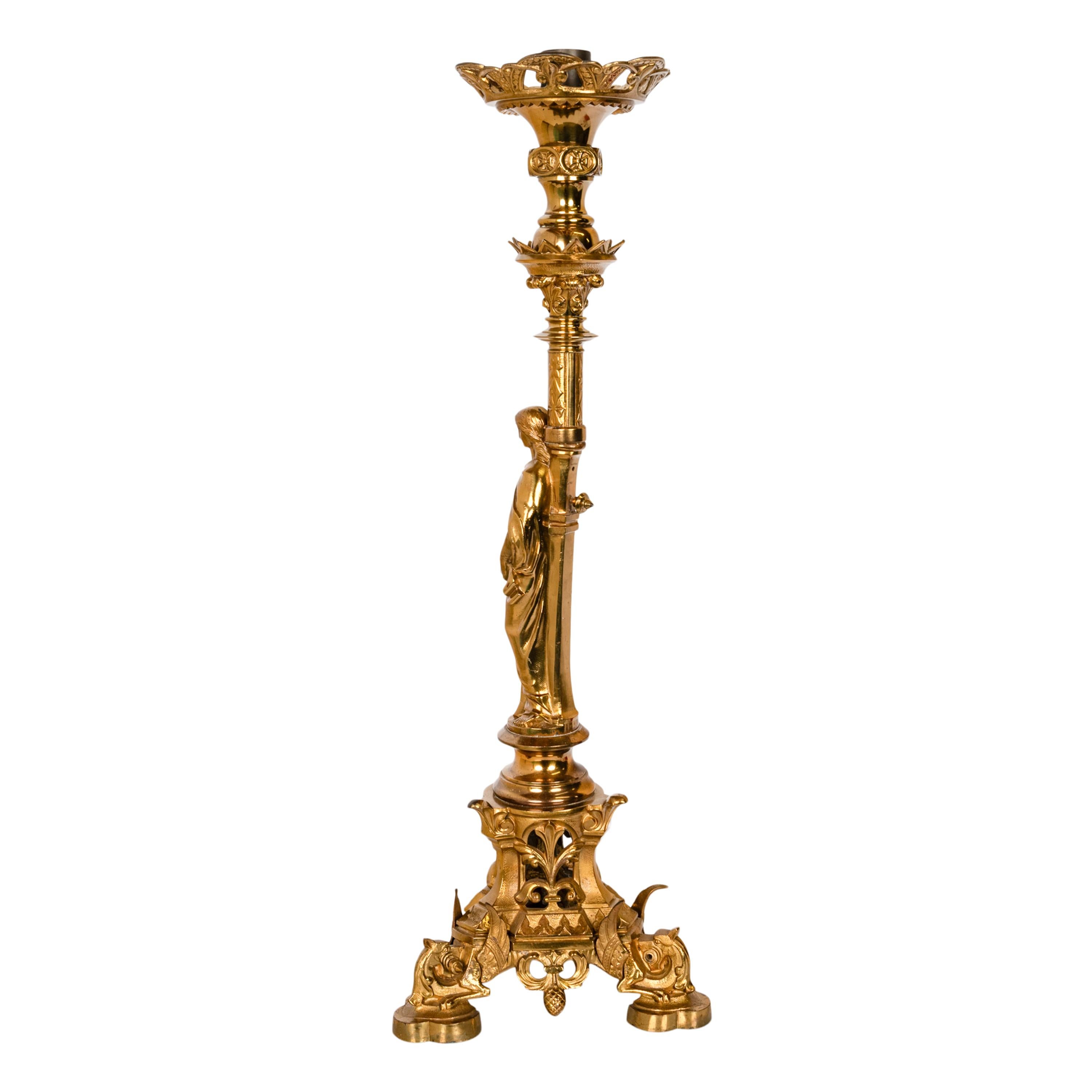 Large Antique French Gilt Bronze Gothic Altar Jesus Statue Griffin Candlestick In Good Condition For Sale In Portland, OR