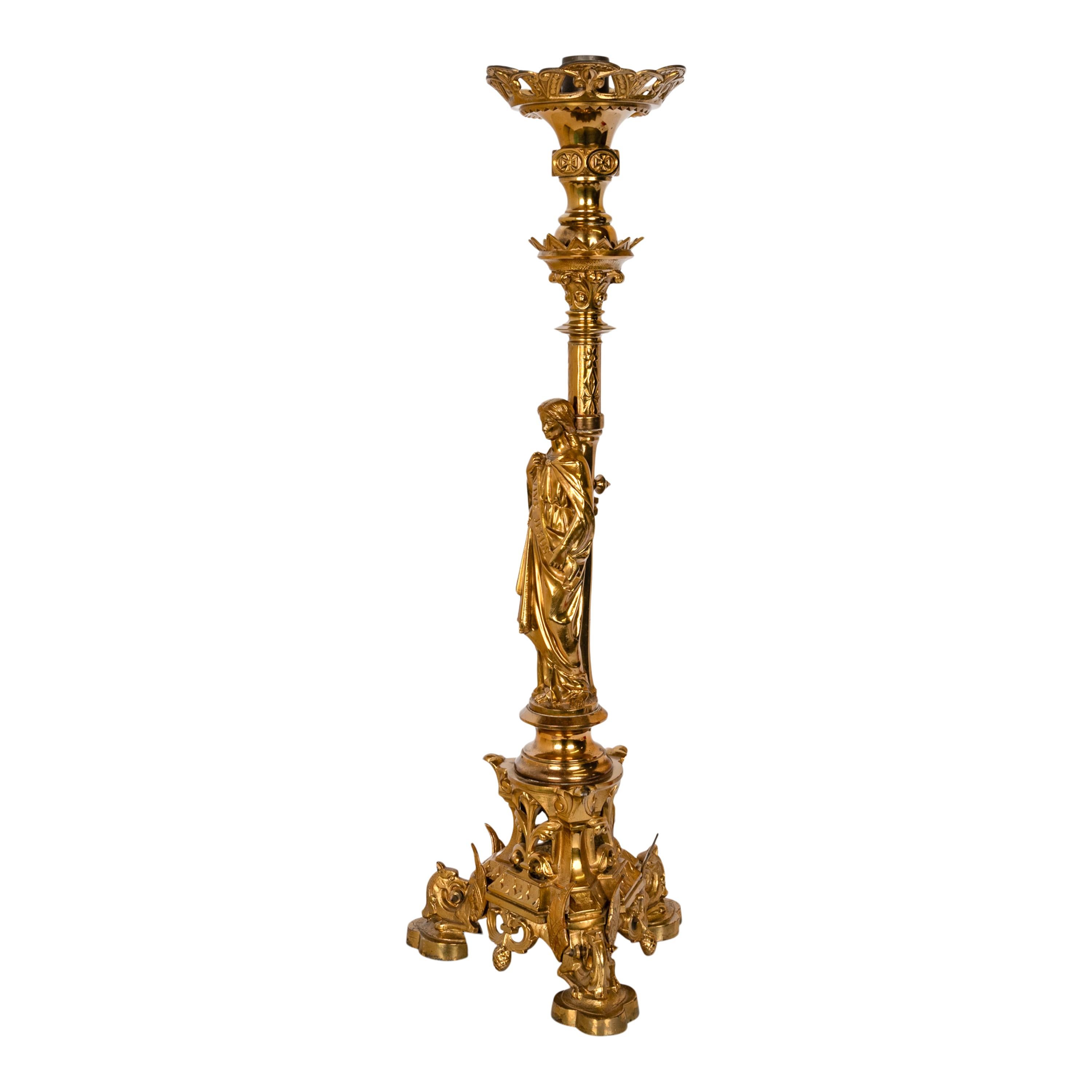 Late 19th Century Large Antique French Gilt Bronze Gothic Altar Jesus Statue Griffin Candlestick For Sale