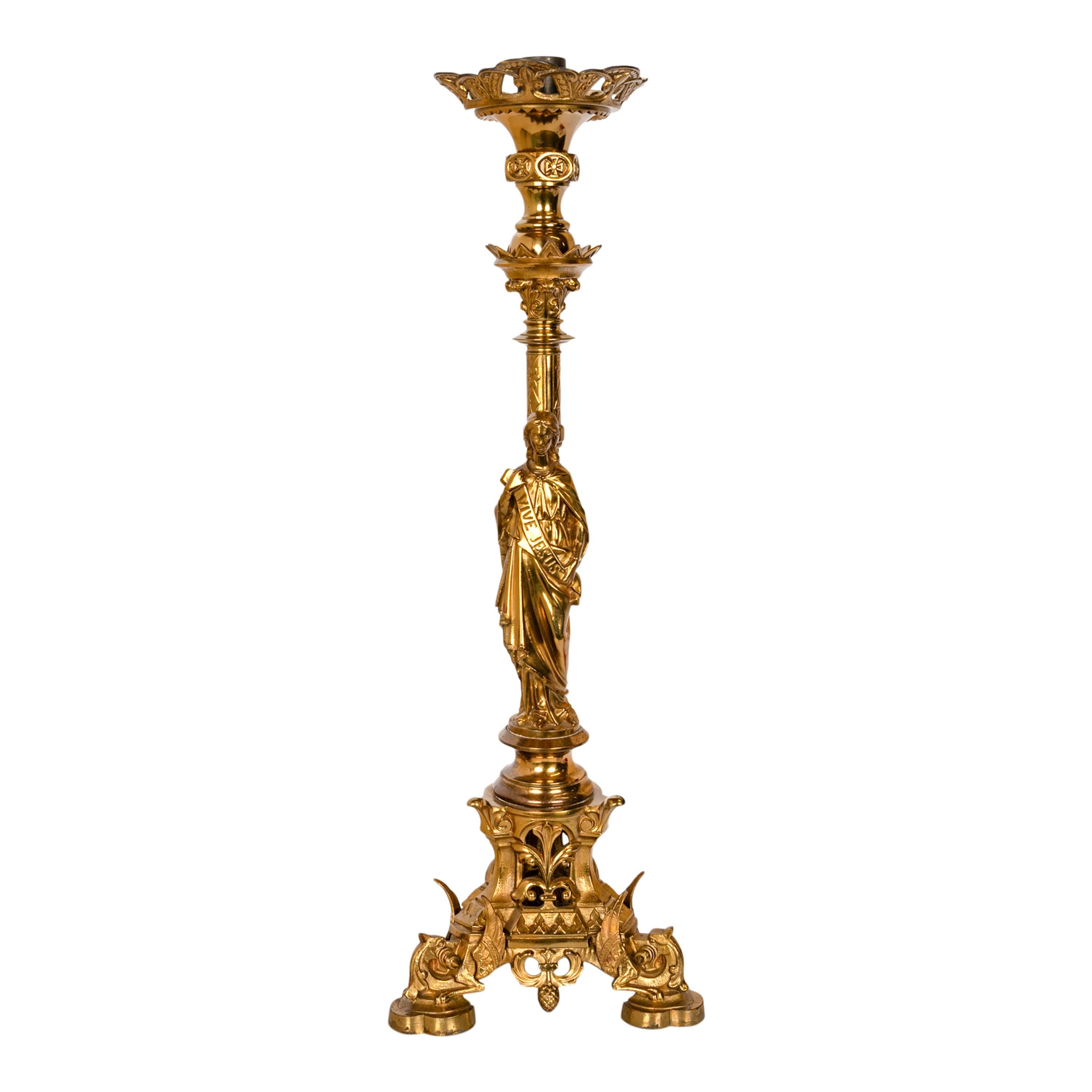 Large Antique French Gilt Bronze Gothic Altar Jesus Statue Griffin Candlestick For Sale 1