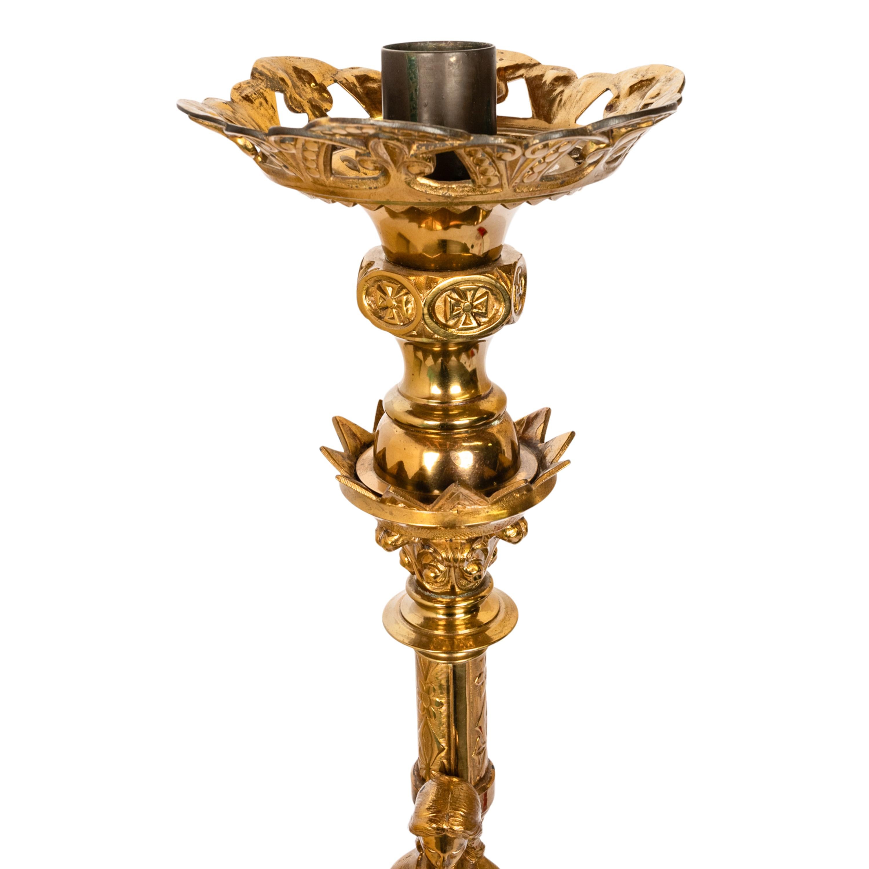 Large Antique French Gilt Bronze Gothic Altar Jesus Statue Griffin Candlestick For Sale 2