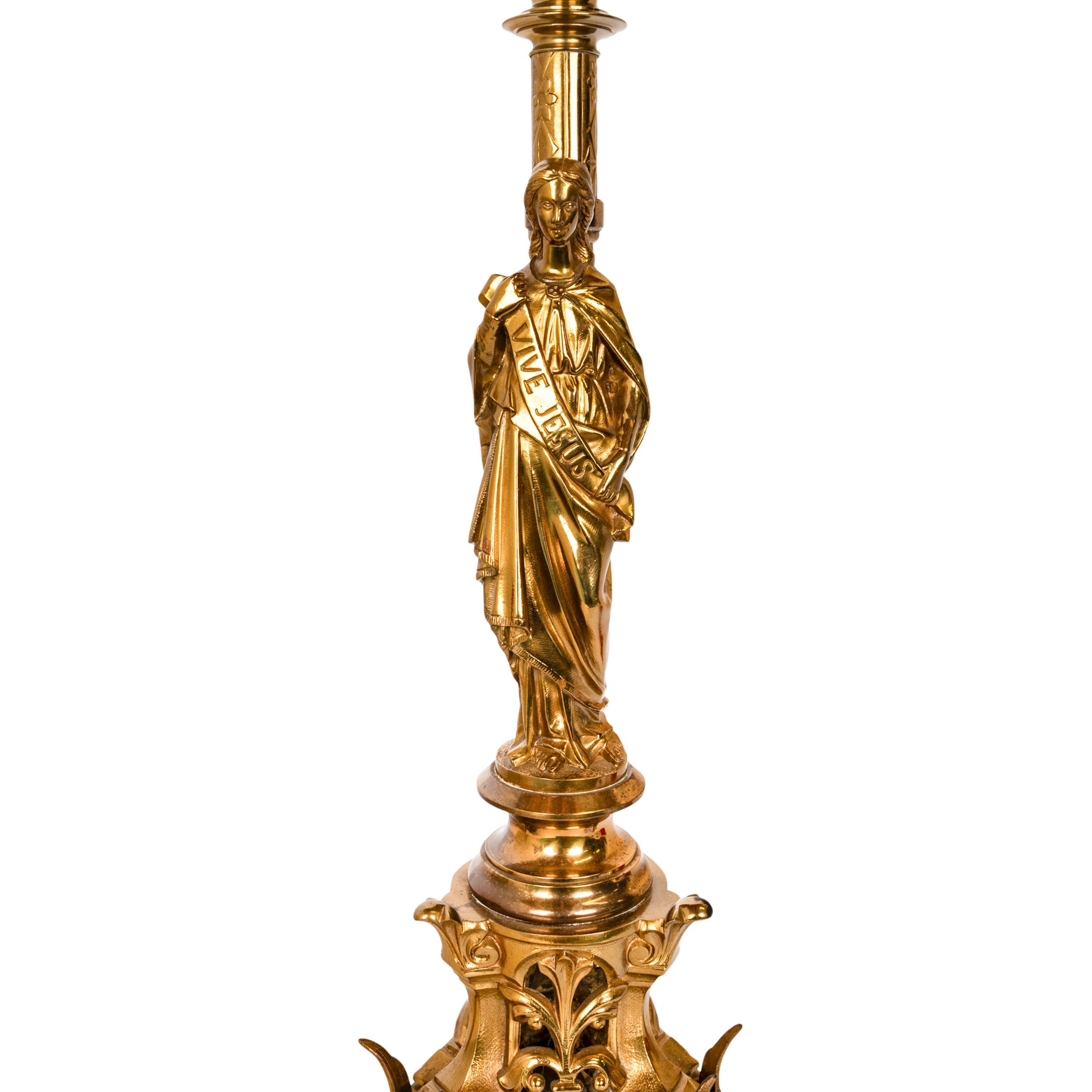Large Antique French Gilt Bronze Gothic Altar Jesus Statue Griffin Candlestick For Sale 3