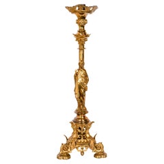 Grand bougeoir gothique français ancien en bronze doré avec statue de Jésus griffon