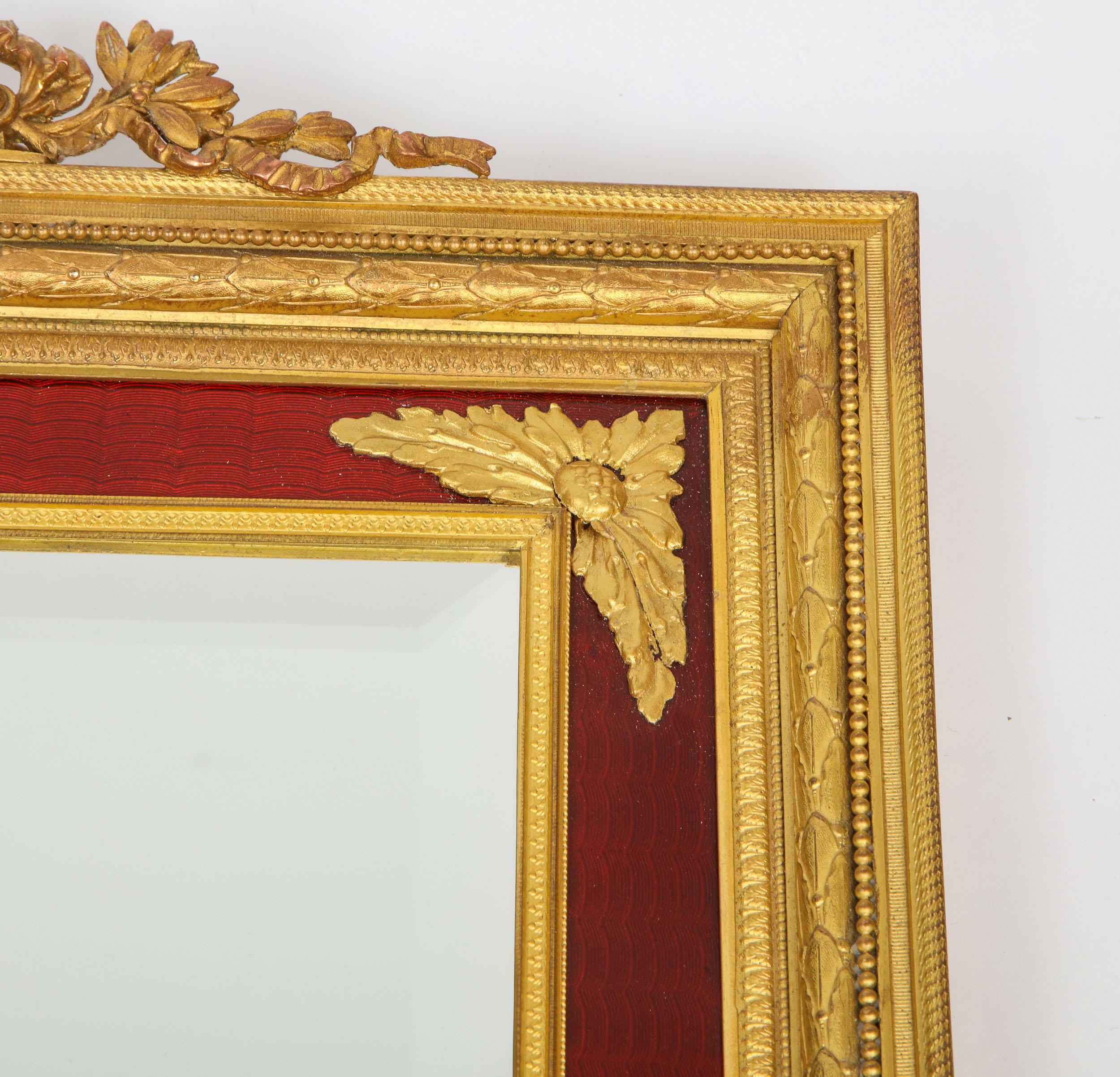Large Antique French Gilt Bronze Ormolu and Red Guilloche Enamel Table Mirror 5