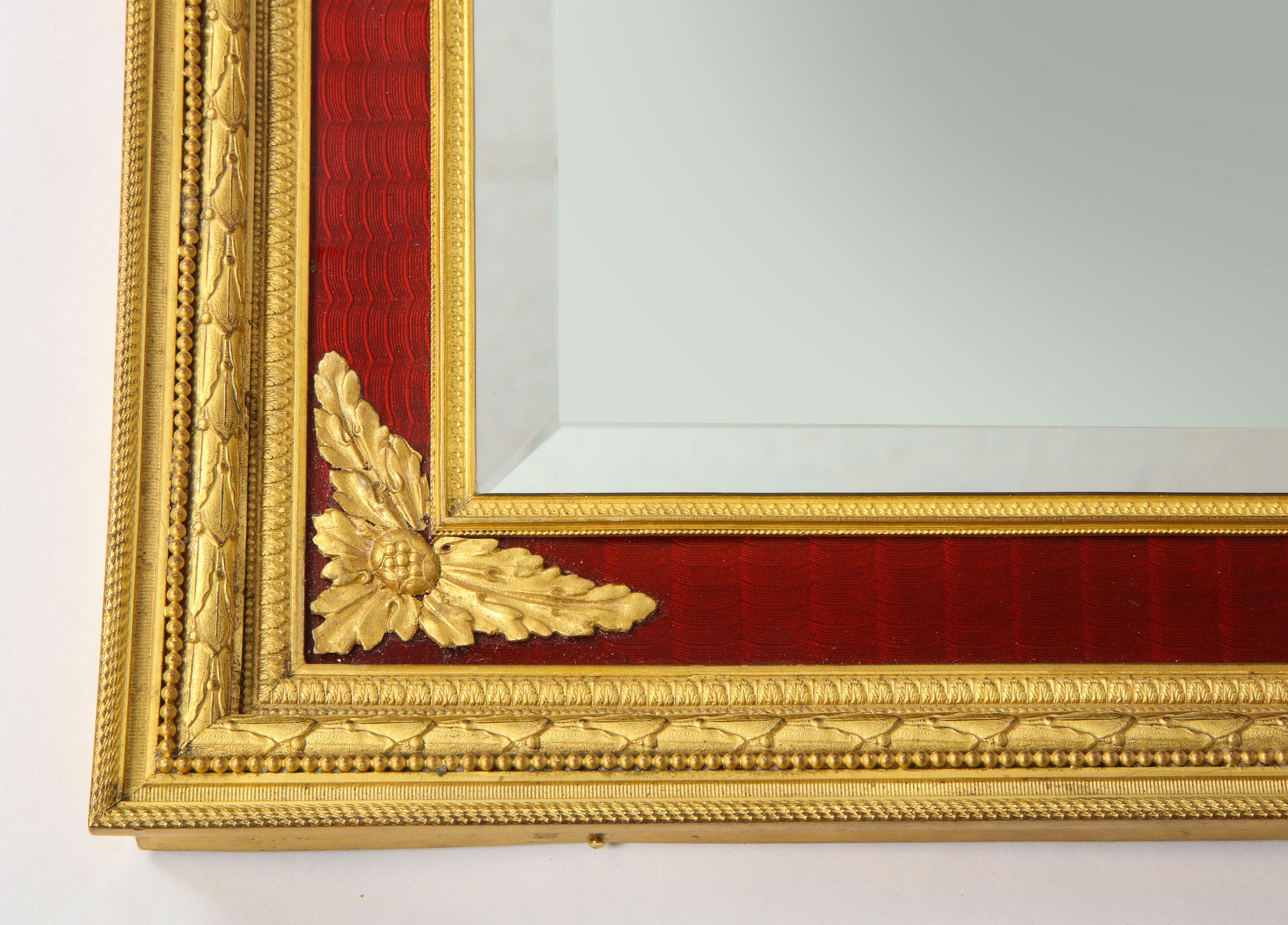 Large Antique French Gilt Bronze Ormolu and Red Guilloche Enamel Table Mirror 6