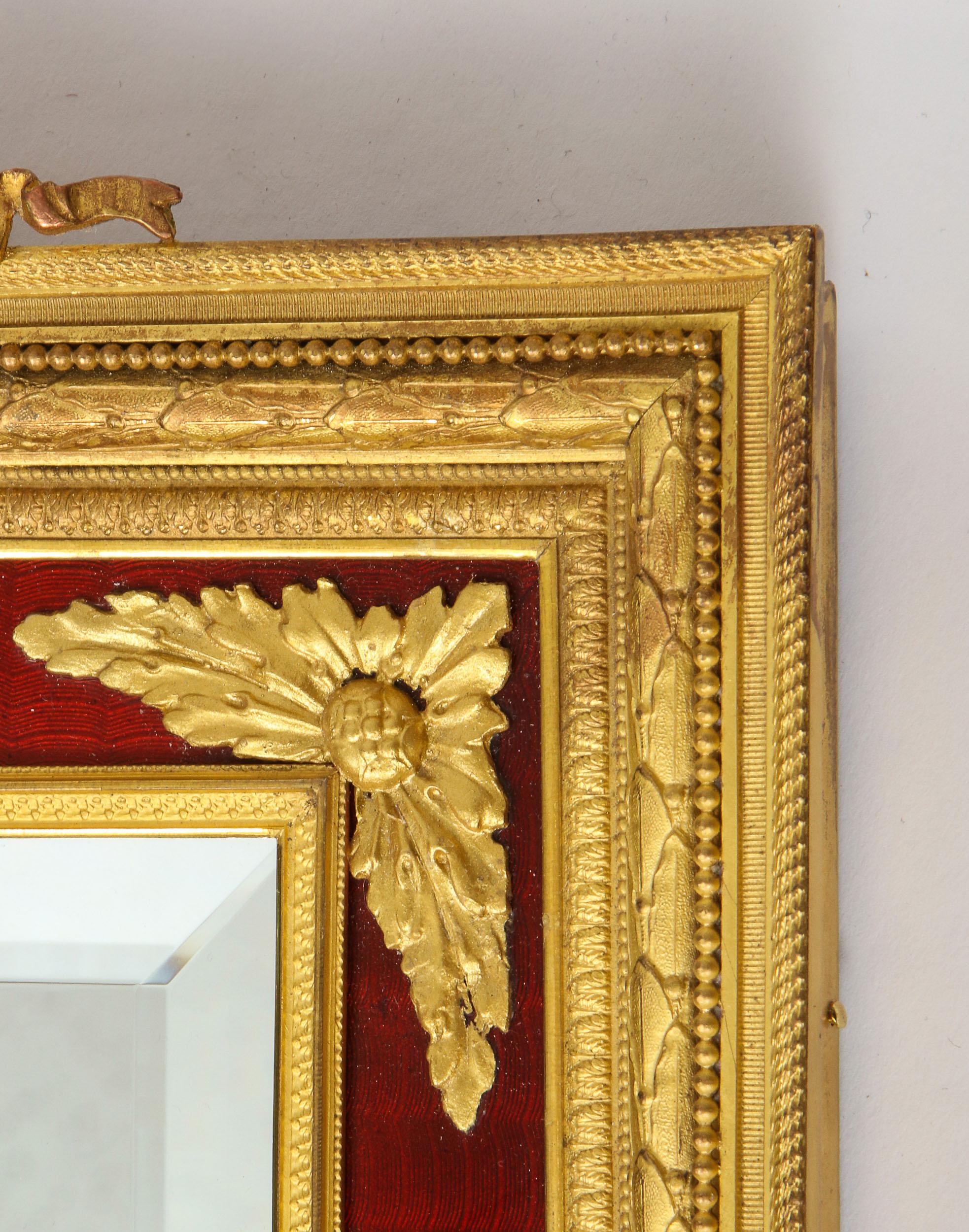 Large Antique French Gilt Bronze Ormolu and Red Guilloche Enamel Table Mirror 7