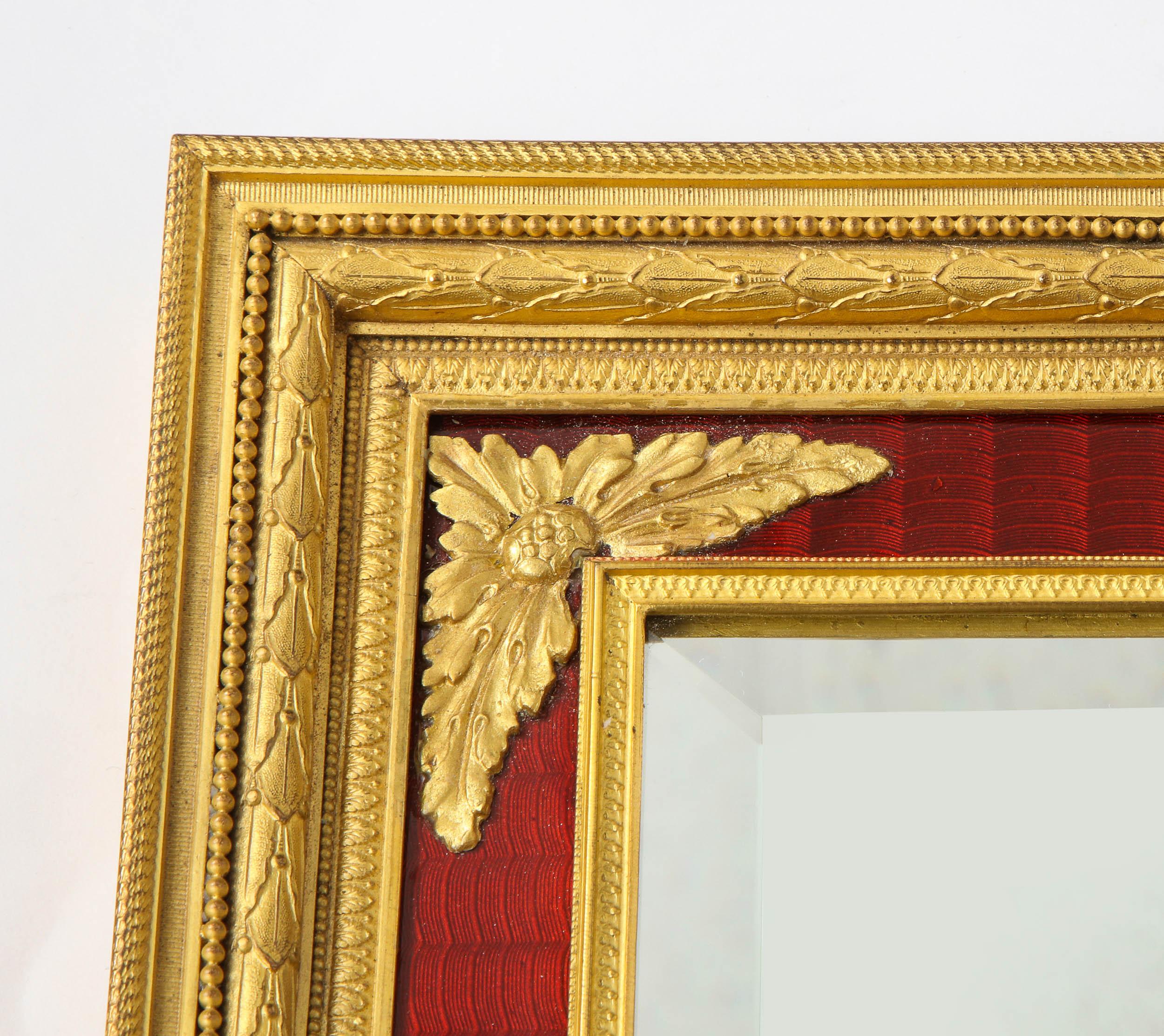 Large Antique French Gilt Bronze Ormolu and Red Guilloche Enamel Table Mirror 8