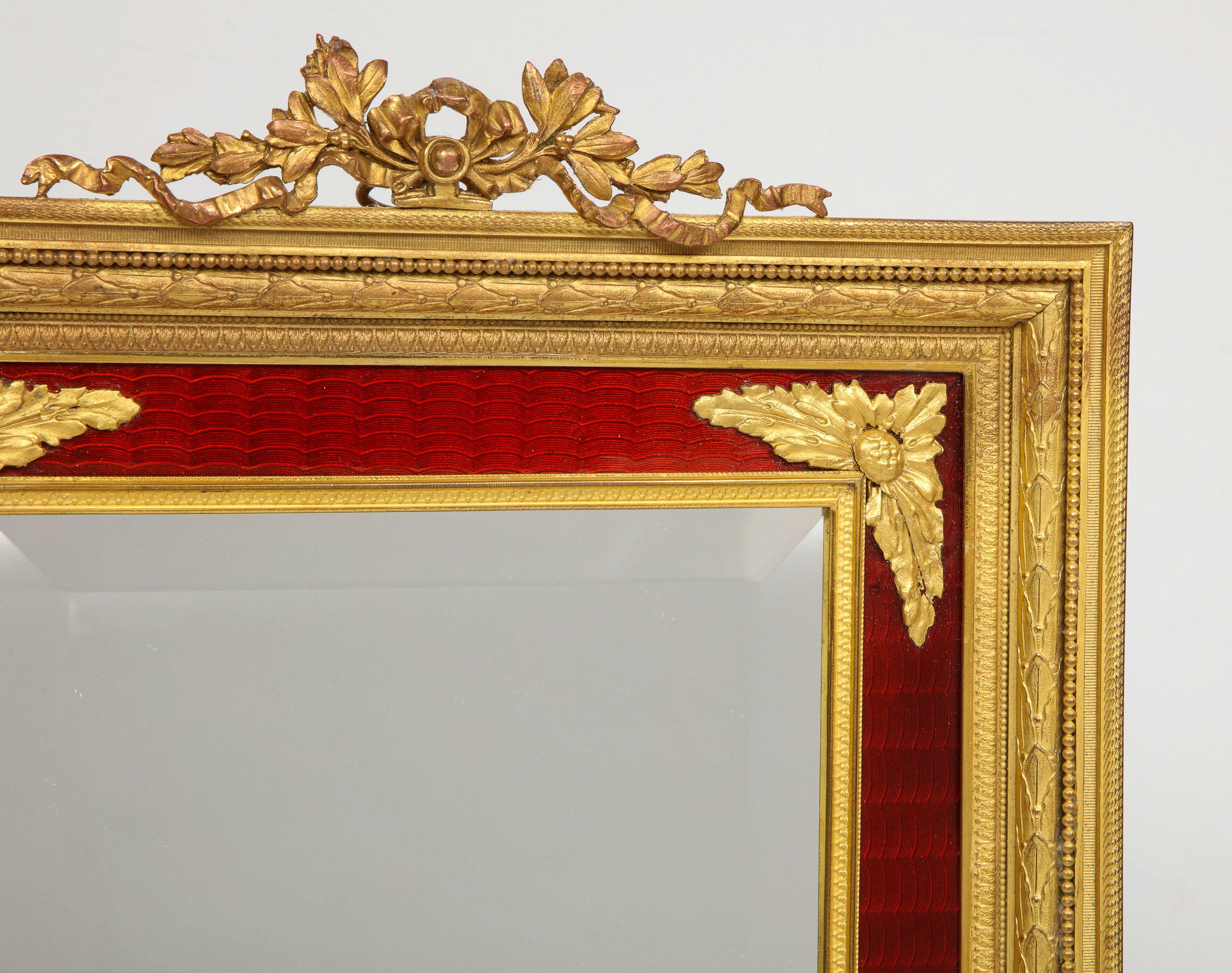 Louis XVI Large Antique French Gilt Bronze Ormolu and Red Guilloche Enamel Table Mirror