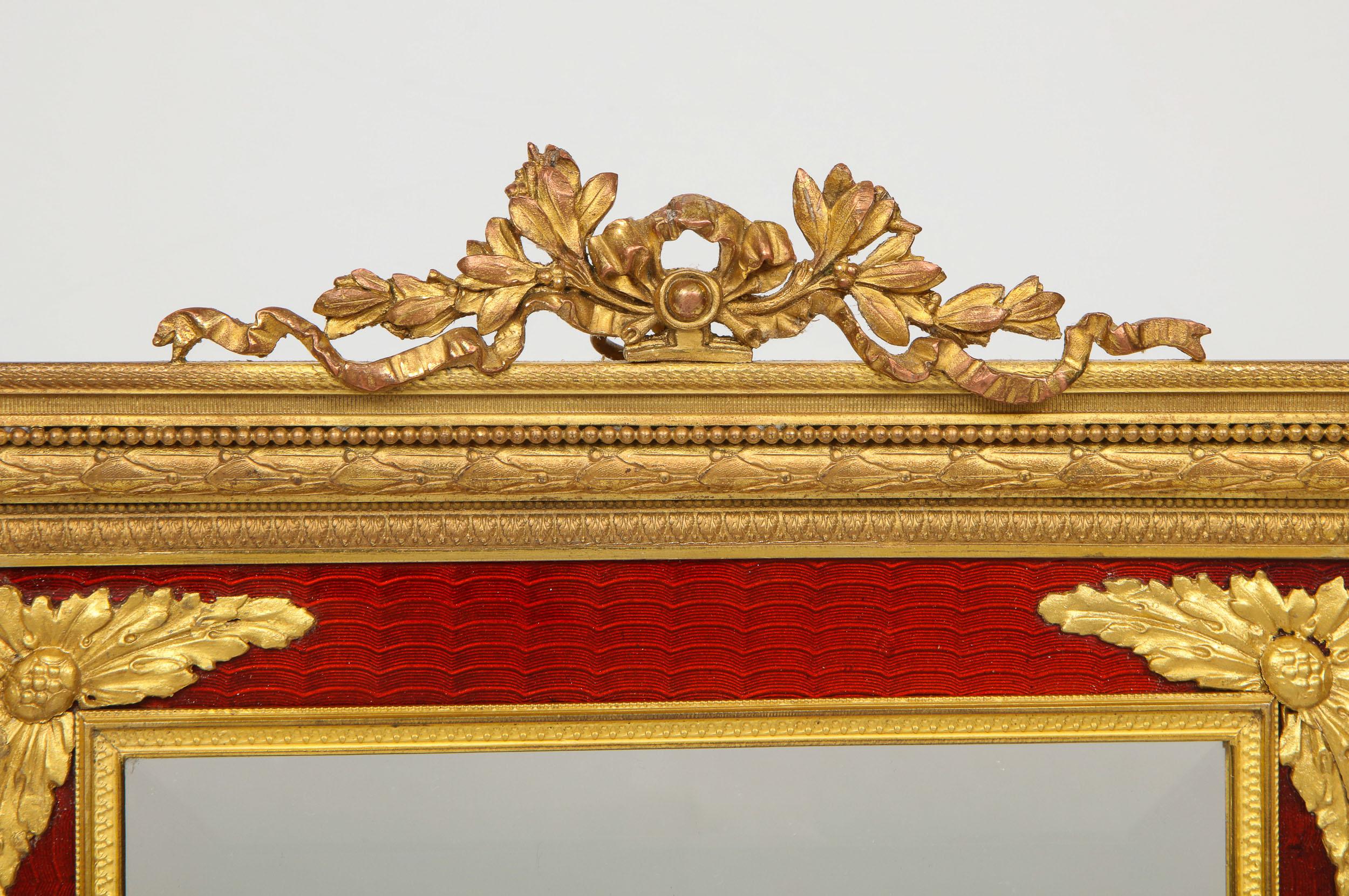 Large Antique French Gilt Bronze Ormolu and Red Guilloche Enamel Table Mirror In Good Condition In New York, NY