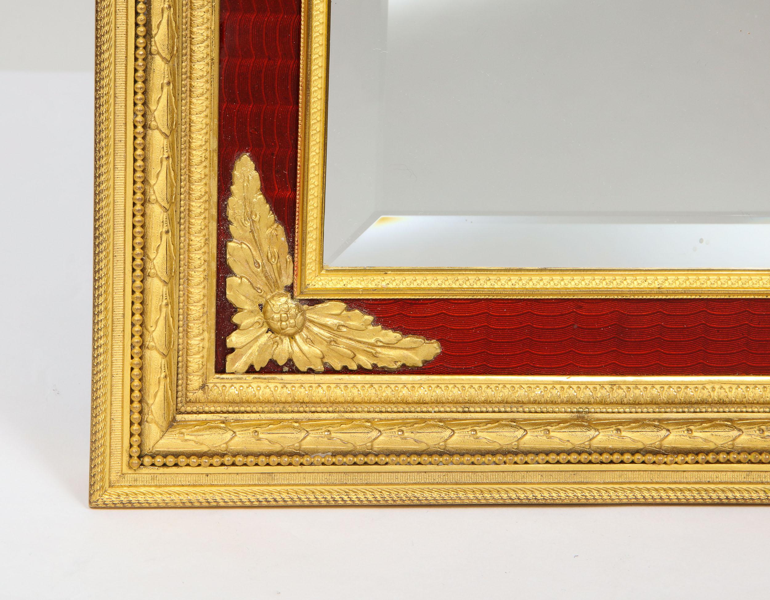 19th Century Large Antique French Gilt Bronze Ormolu and Red Guilloche Enamel Table Mirror