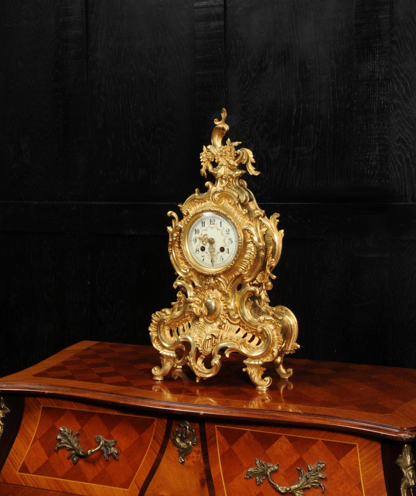 19th Century Large Antique French Gilt Bronze Rococo Clock by Japy Freres