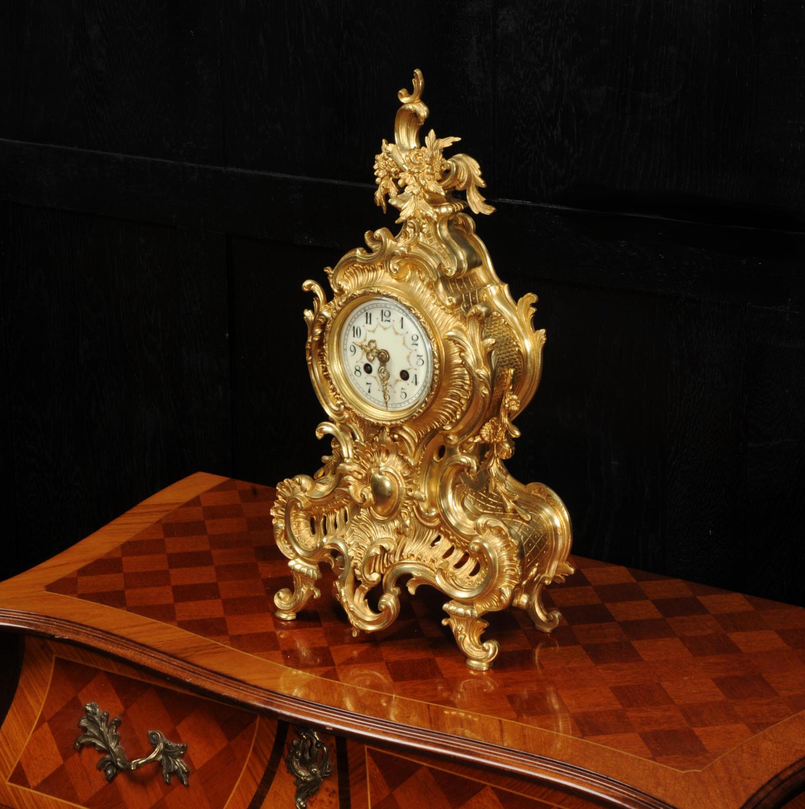 Large Antique French Gilt Bronze Rococo Clock by Japy Freres 1