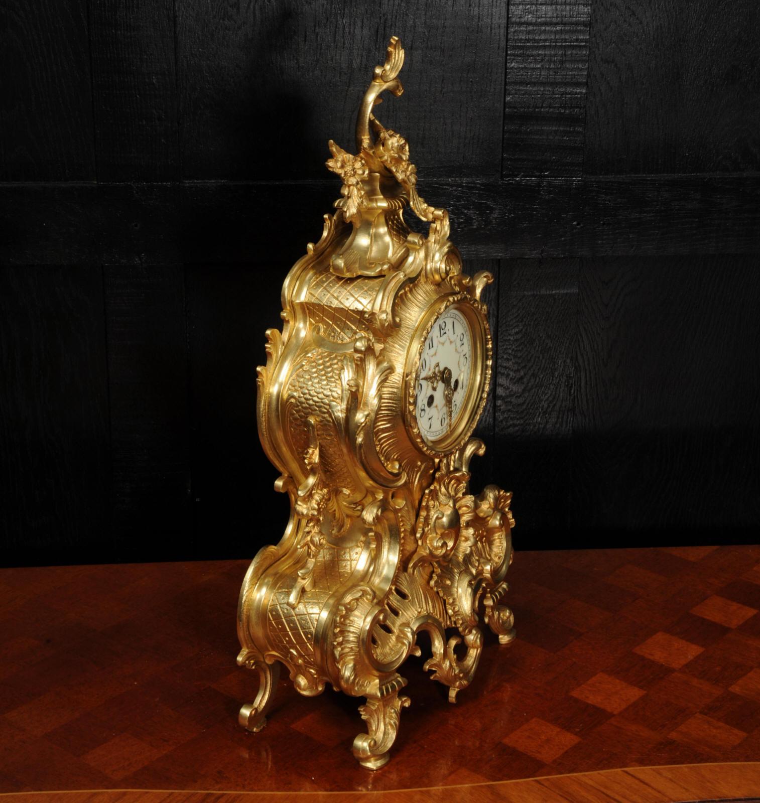 Large Antique French Gilt Bronze Rococo Clock by Japy Freres 4