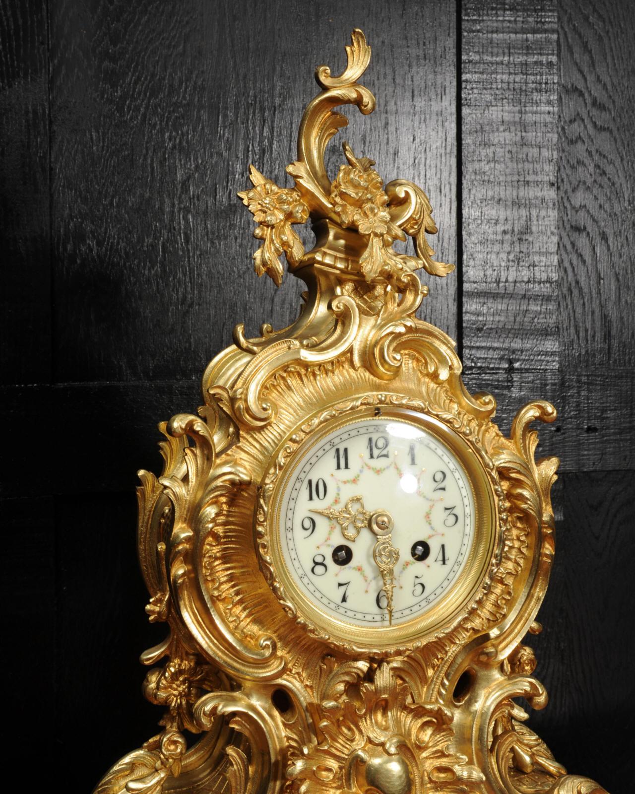 Large Antique French Gilt Bronze Rococo Clock by Japy Freres 5