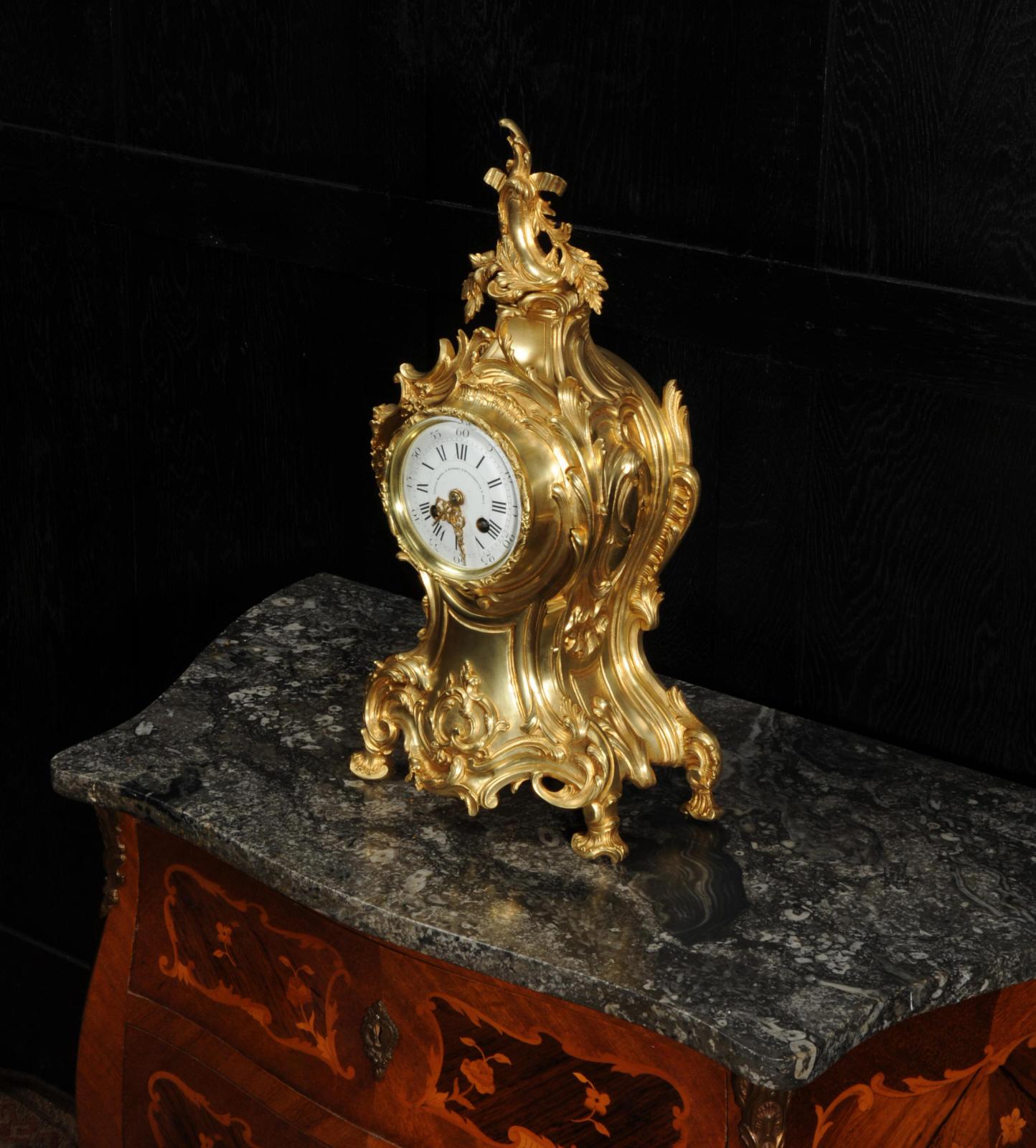 Large Antique French Gilt Bronze Rococo Clock by Louis Japy and Henri Riondet 10
