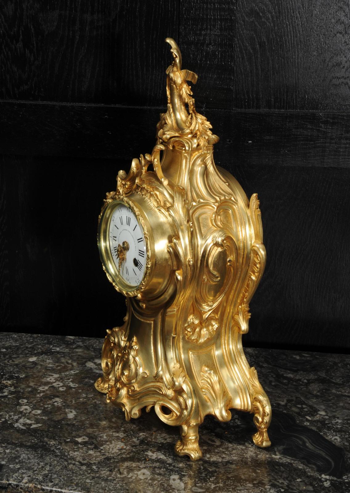 Large Antique French Gilt Bronze Rococo Clock by Louis Japy and Henri Riondet 11