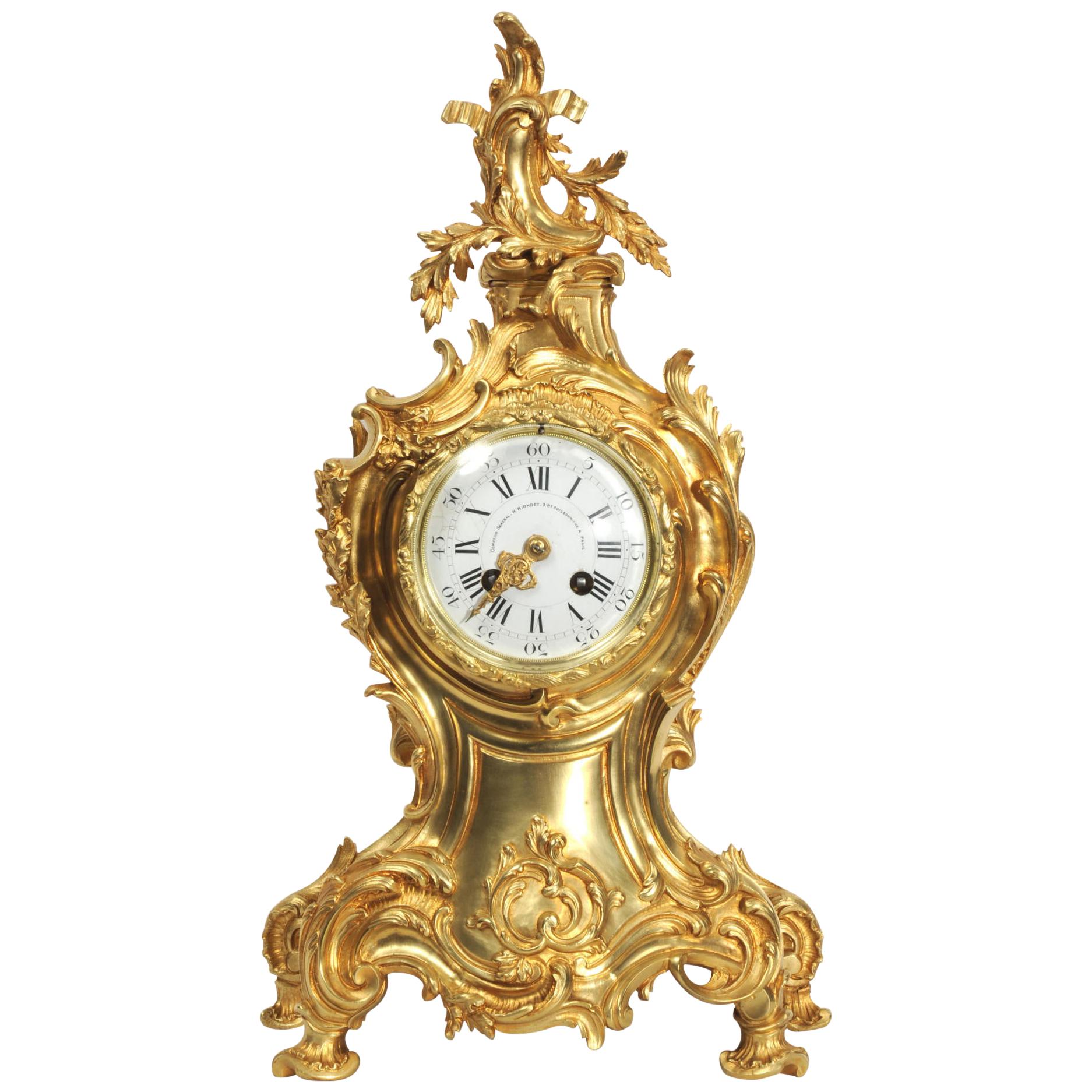 Large Antique French Gilt Bronze Rococo Clock by Louis Japy and Henri Riondet