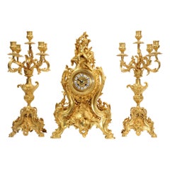 Large Antique French Gilt Bronze Rococo Clock Set