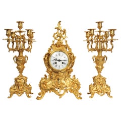 Large Antique French Gilt Bronze Rococo Clock Set