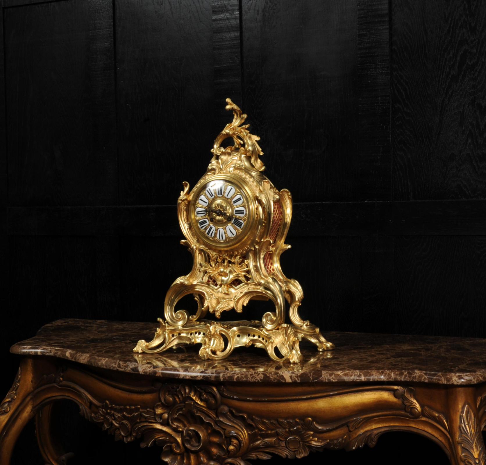Large Antique French Gilt Bronze Rococo Louis XV Clock In Good Condition In Belper, Derbyshire